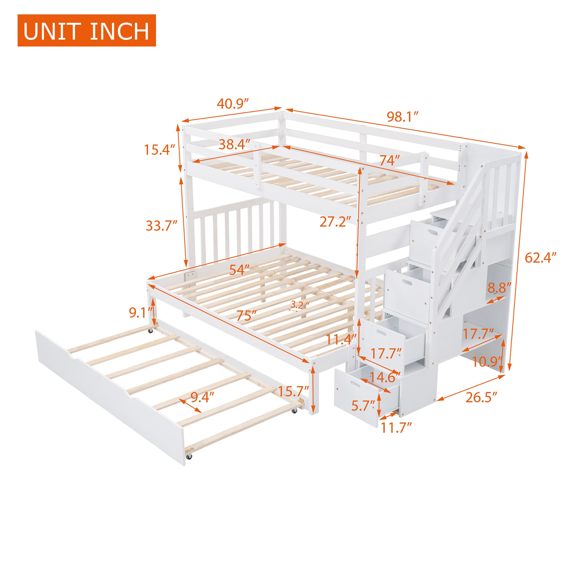 Twin Over Twin Full Bunk Bed With Twin Size Trundle White Old Sku :Lp000025Aak White Solid Wood