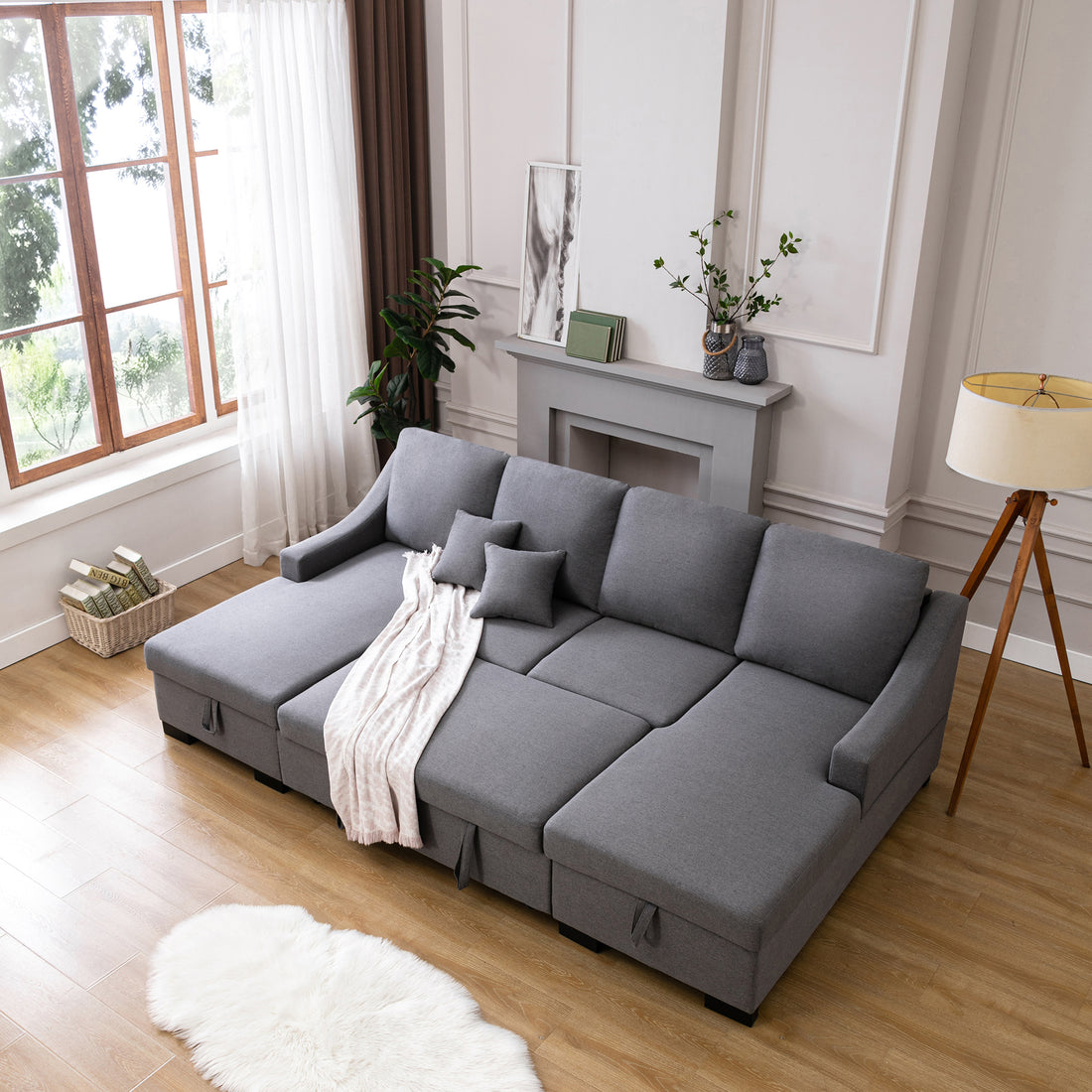 Upholstery Sleeper Sectional Sofa With Double Storage Spaces, 2 Tossing Cushions, Grey Grey Linen