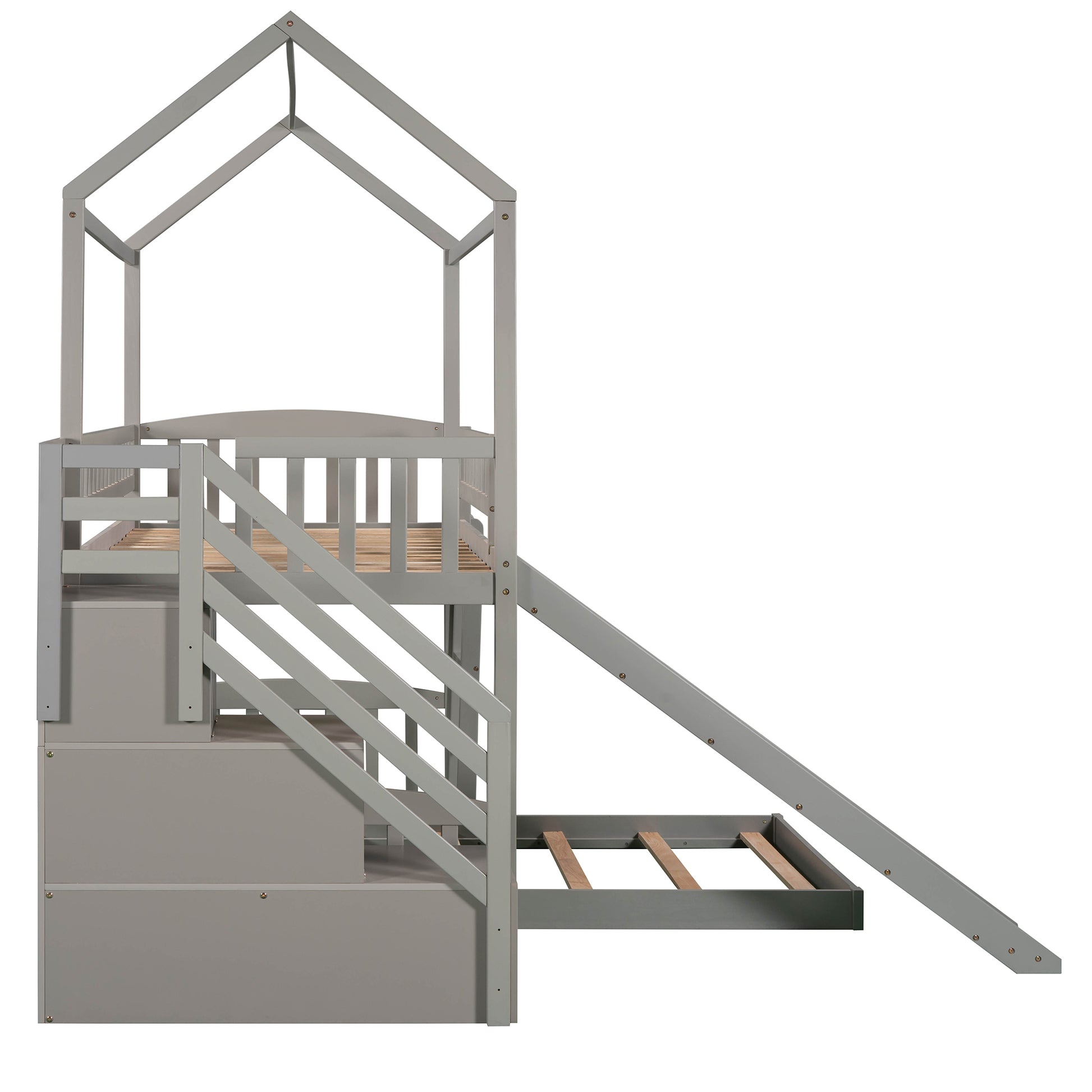 Twin Over Twin Bunk Bed With Two Drawers And Slide, House Bed With Slide, White Old Sku :Lp000129Aae Gray Pine