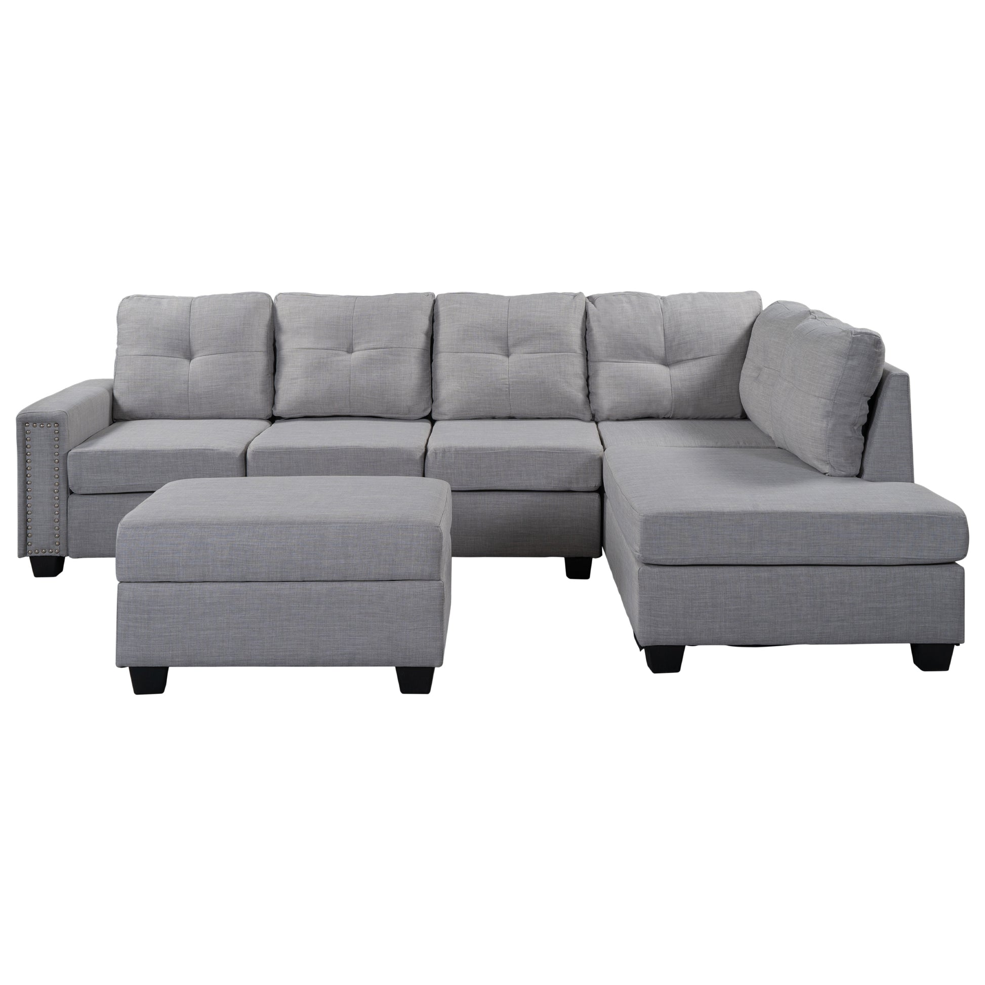 Orisfur. Reversible Sectional Sofa Space Saving With Storage Ottoman Rivet Ornament L Shape Couch For Large Space Dorm Apartment Light Grey Foam Linen 5 Seat