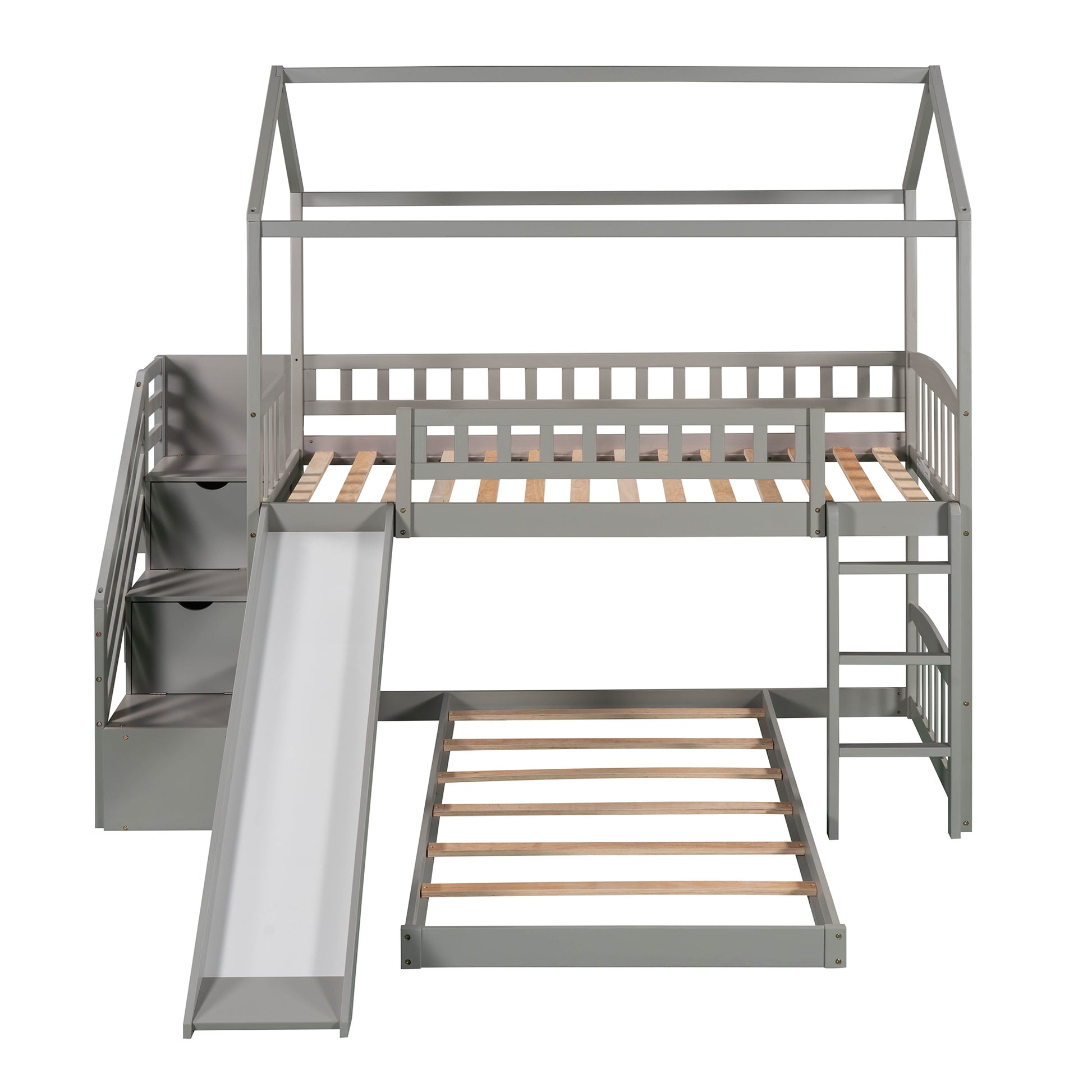 Twin Over Twin Bunk Bed With Two Drawers And Slide, House Bed With Slide, White Old Sku :Lp000129Aae Gray Pine