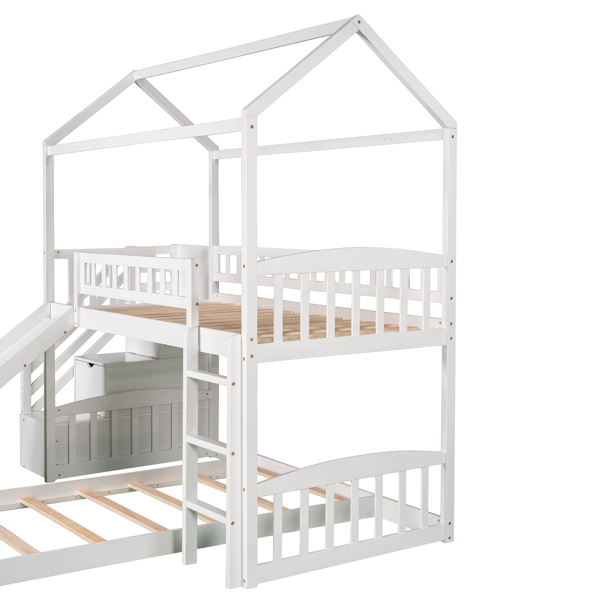 Twin Over Twin Bunk Bed With Two Drawers And Slide, House Bed With Slide, White Old Sku :Lp000129Aak White Pine