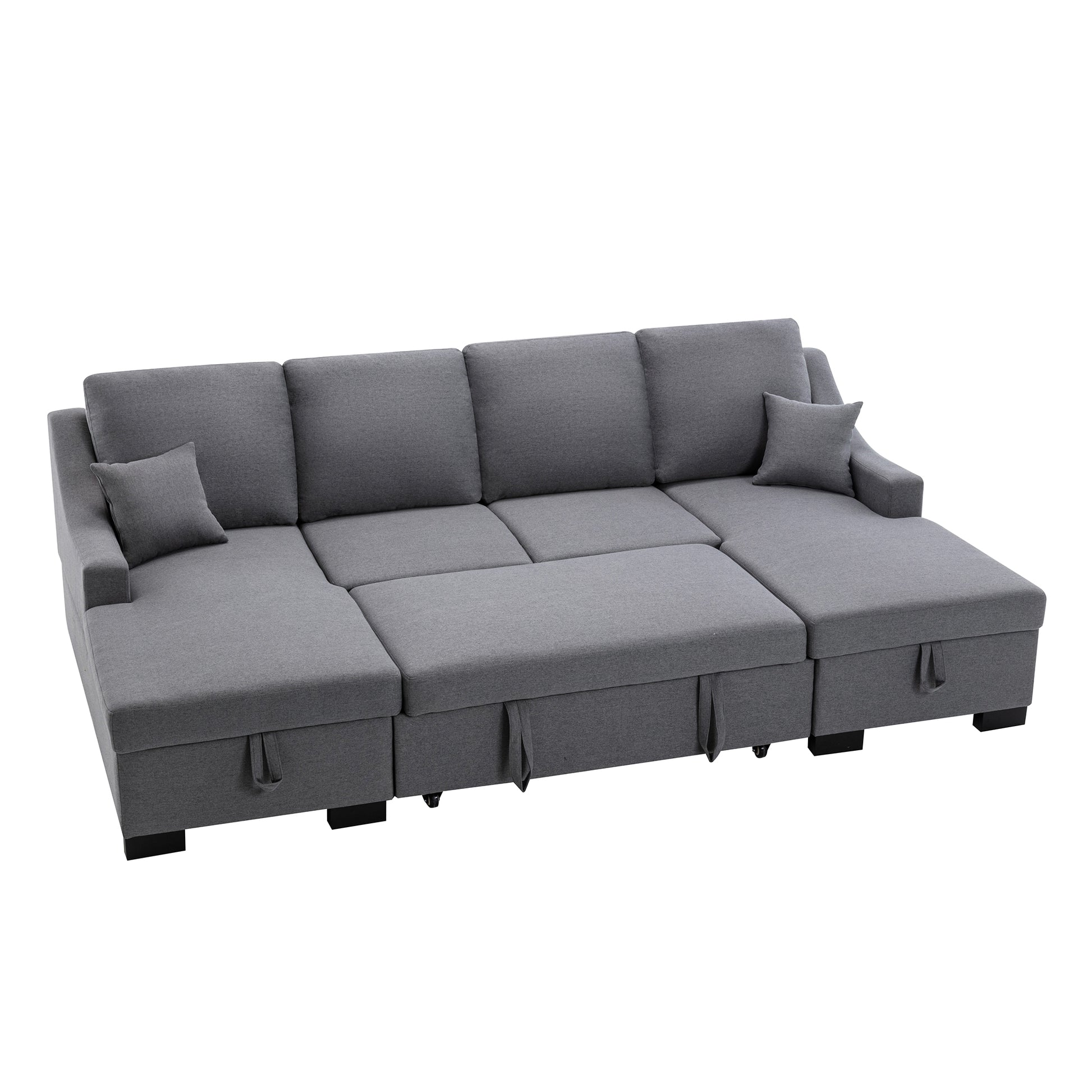 Upholstery Sleeper Sectional Sofa With Double Storage Spaces, 2 Tossing Cushions, Grey Grey Linen