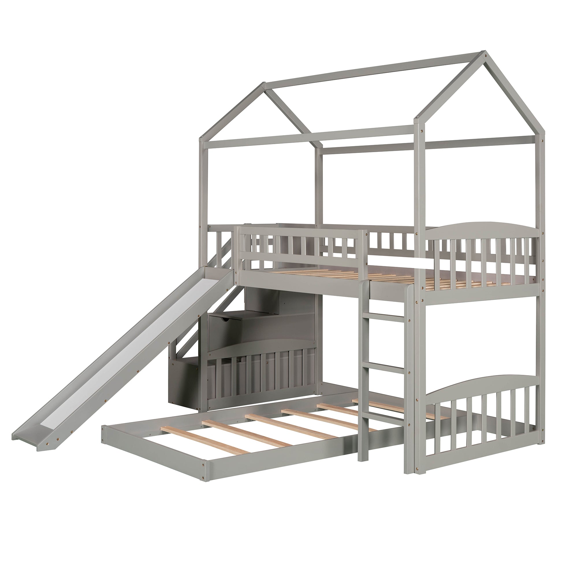 Twin Over Twin Bunk Bed With Two Drawers And Slide, House Bed With Slide, White Old Sku :Lp000129Aae Gray Pine