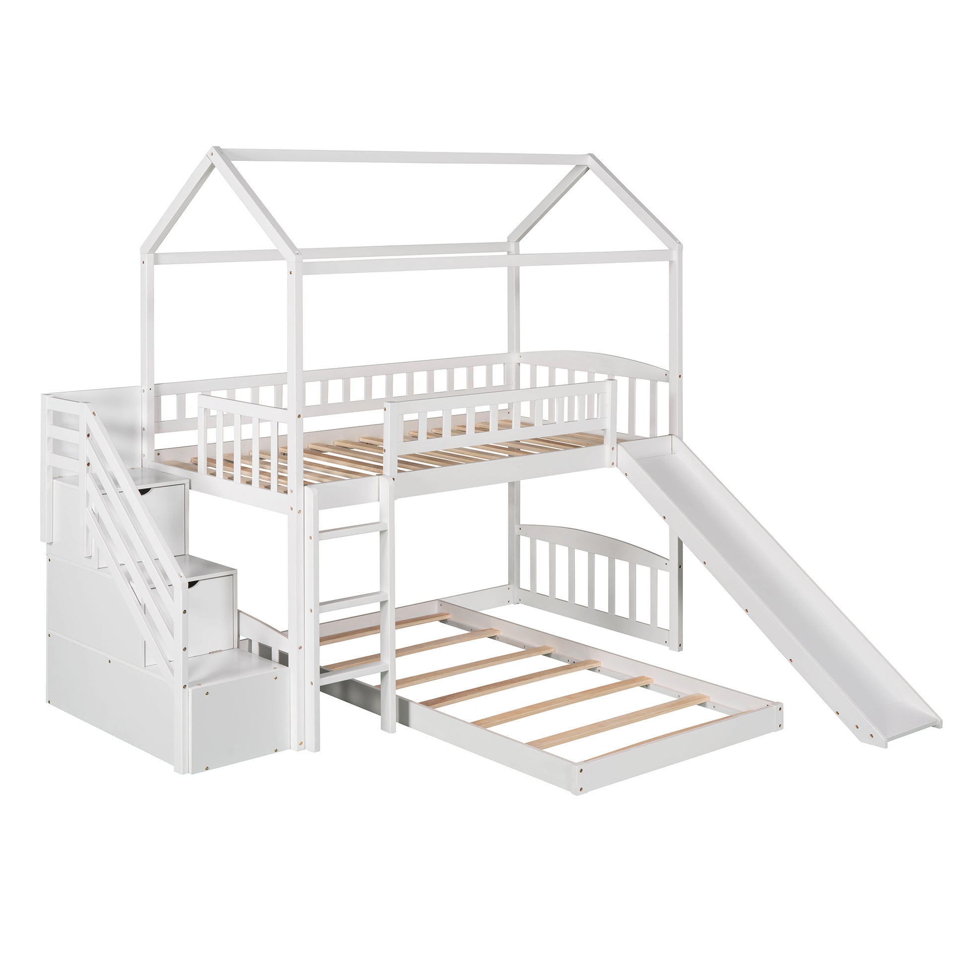 Twin Over Twin Bunk Bed With Two Drawers And Slide, House Bed With Slide, White Old Sku :Lp000129Aak White Pine