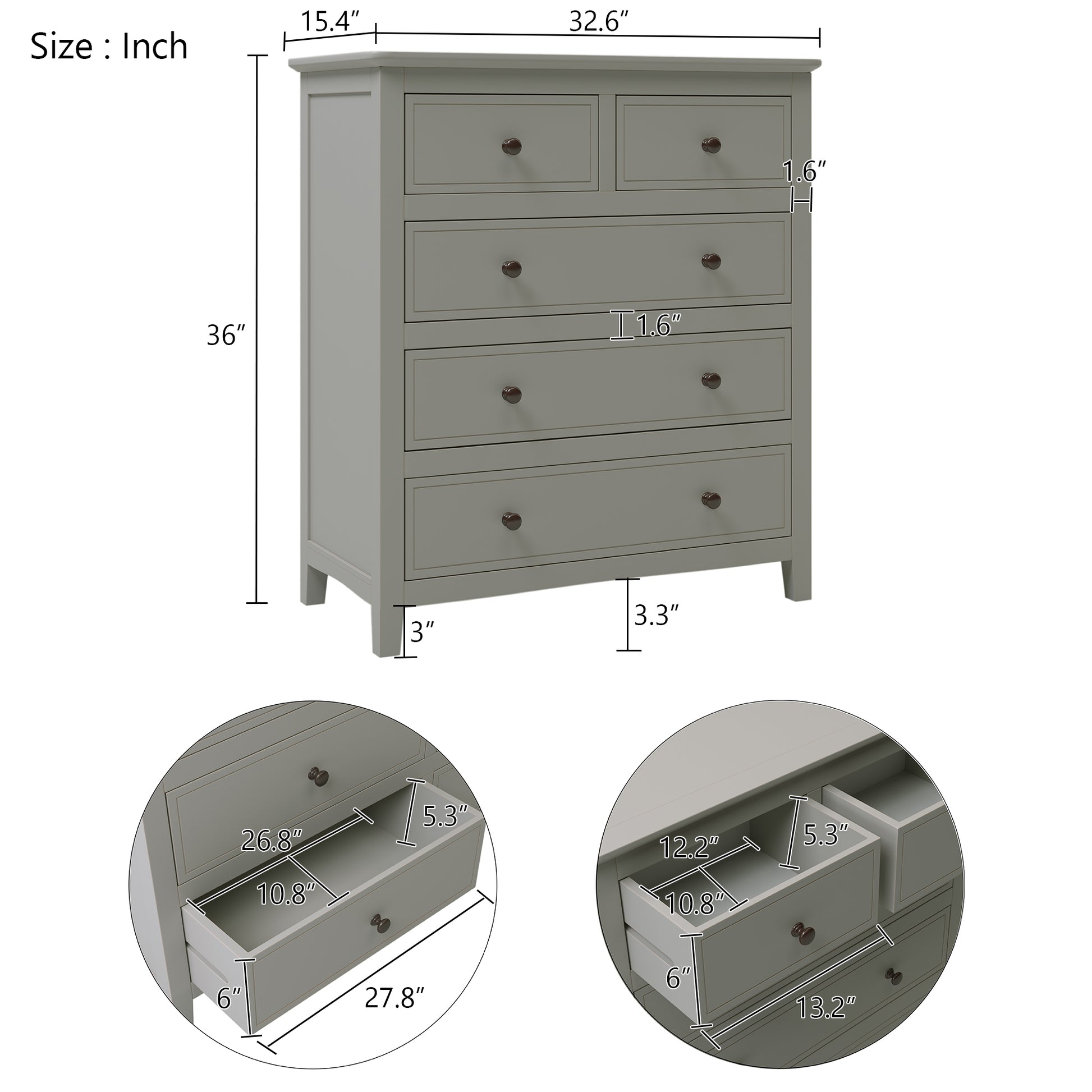 5 Drawers Solid Wood Chest, Gray Old Sku:Wf283150Aag Gray Solid Wood