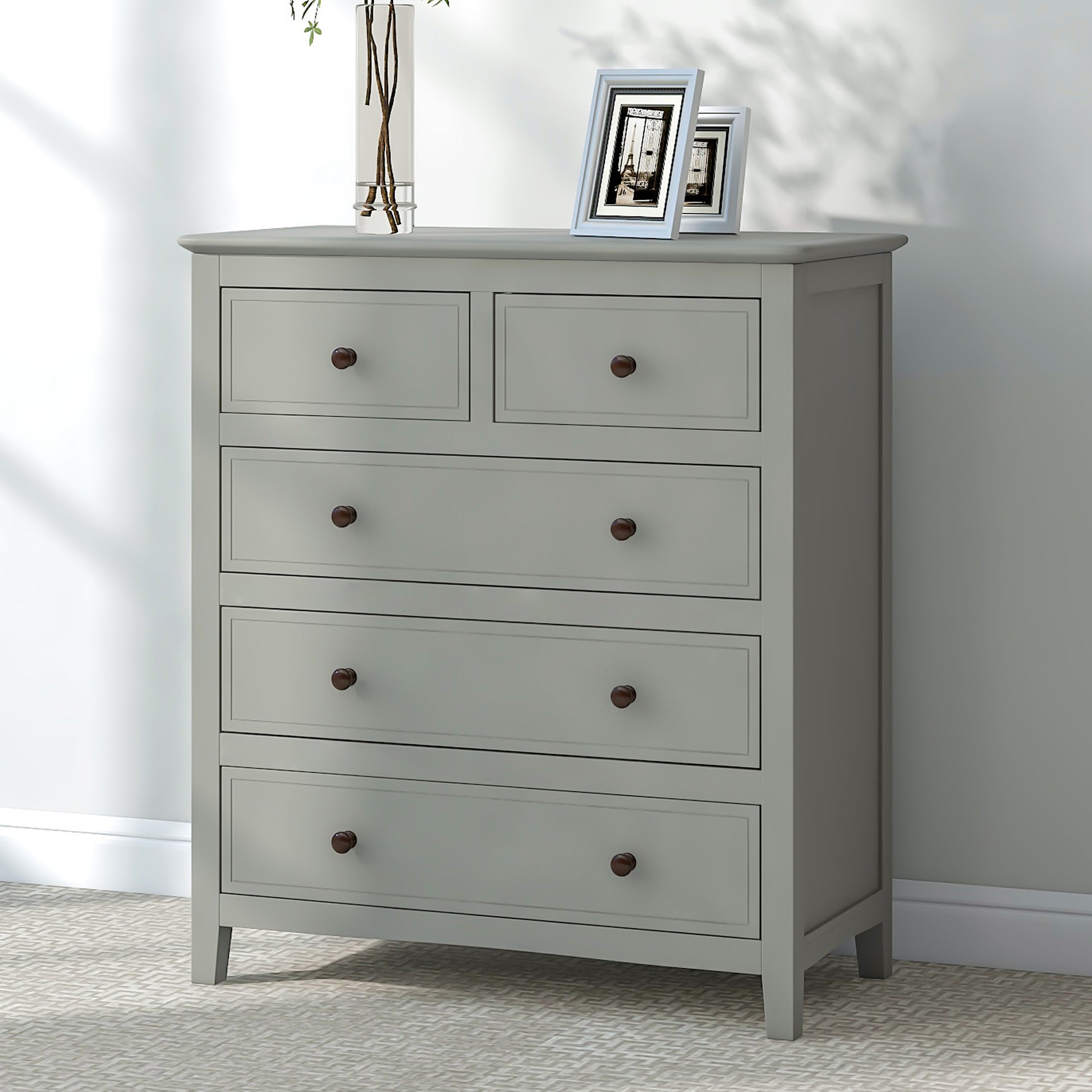 5 Drawers Solid Wood Chest, Gray Old Sku:Wf283150Aag Gray Solid Wood