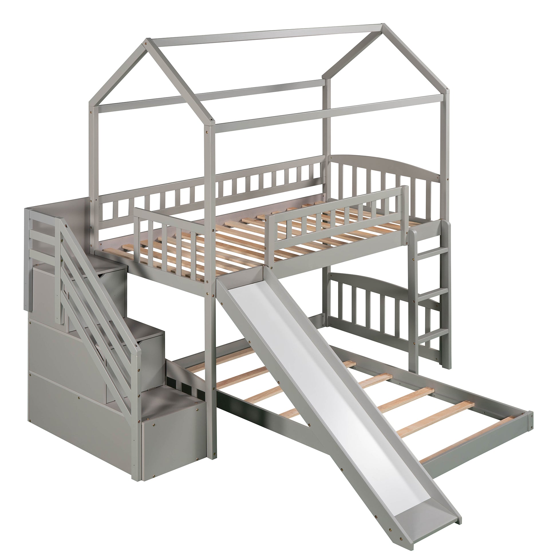 Twin Over Twin Bunk Bed With Two Drawers And Slide, House Bed With Slide, White Old Sku :Lp000129Aae Gray Pine
