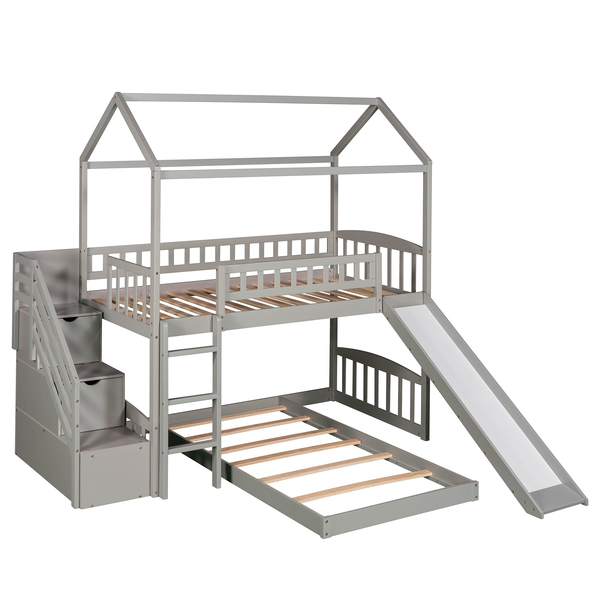 Twin Over Twin Bunk Bed With Two Drawers And Slide, House Bed With Slide, White Old Sku :Lp000129Aae Gray Pine