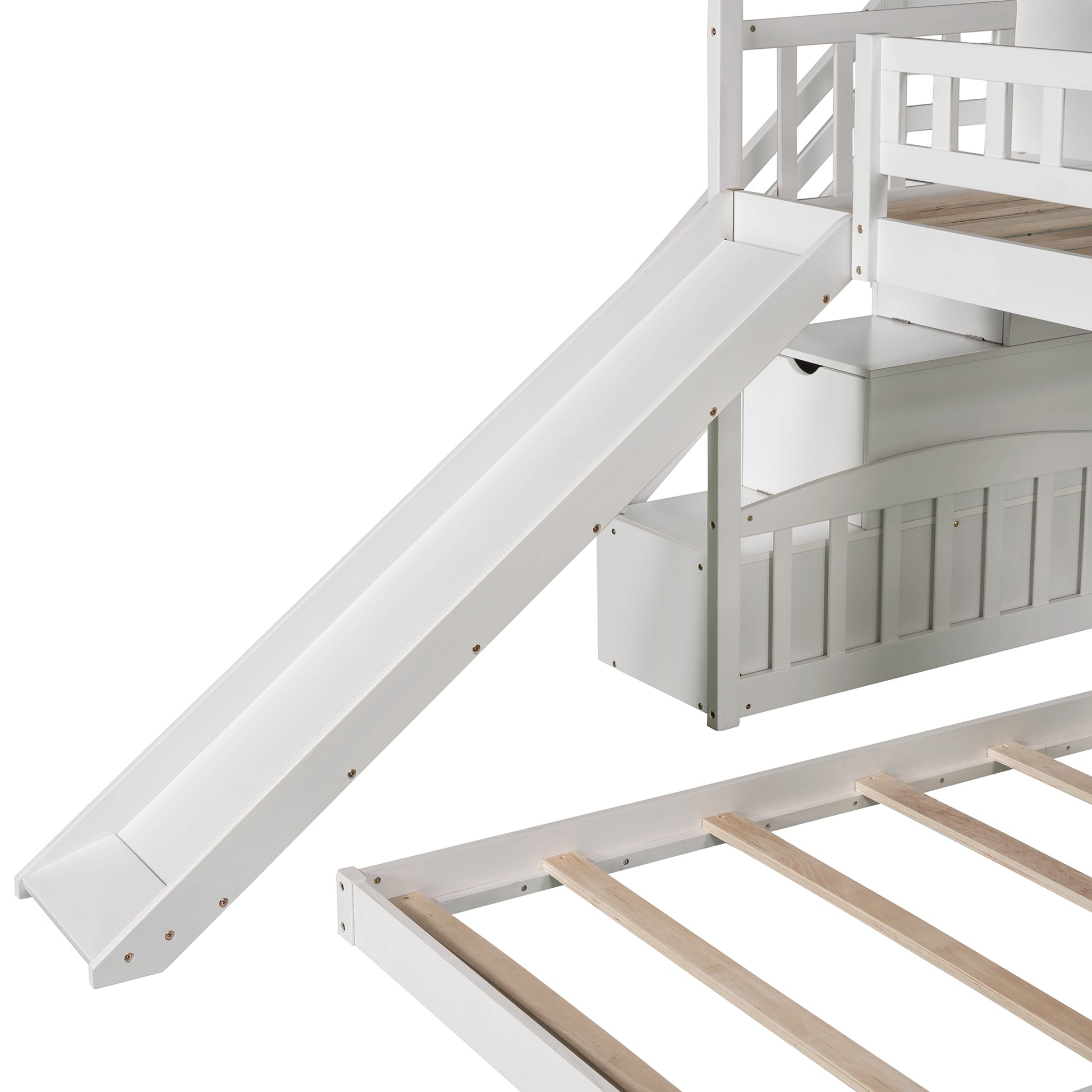 Twin Over Twin Bunk Bed With Two Drawers And Slide, House Bed With Slide, White Old Sku :Lp000129Aak White Pine