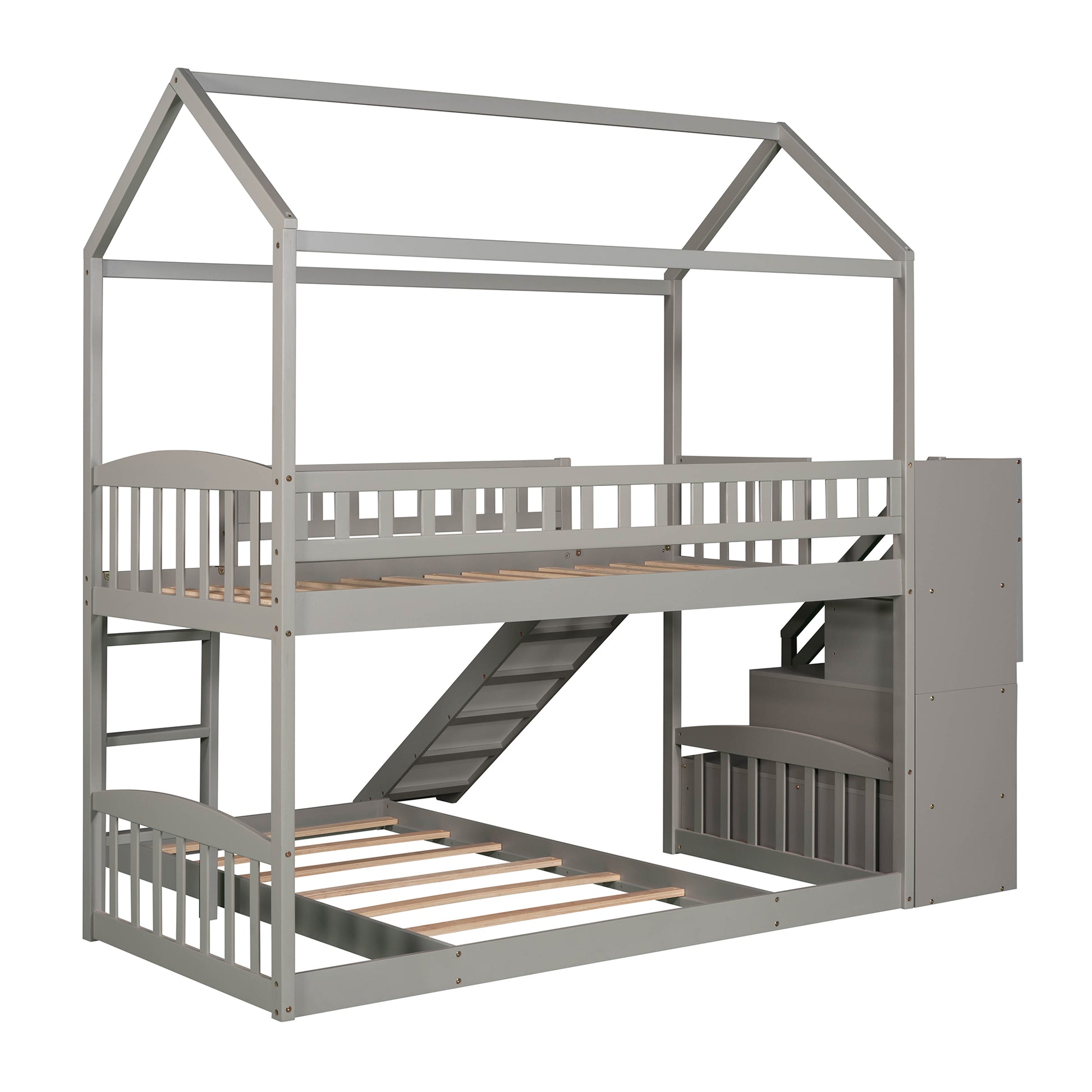 Twin Over Twin Bunk Bed With Two Drawers And Slide, House Bed With Slide, White Old Sku :Lp000129Aae Gray Pine
