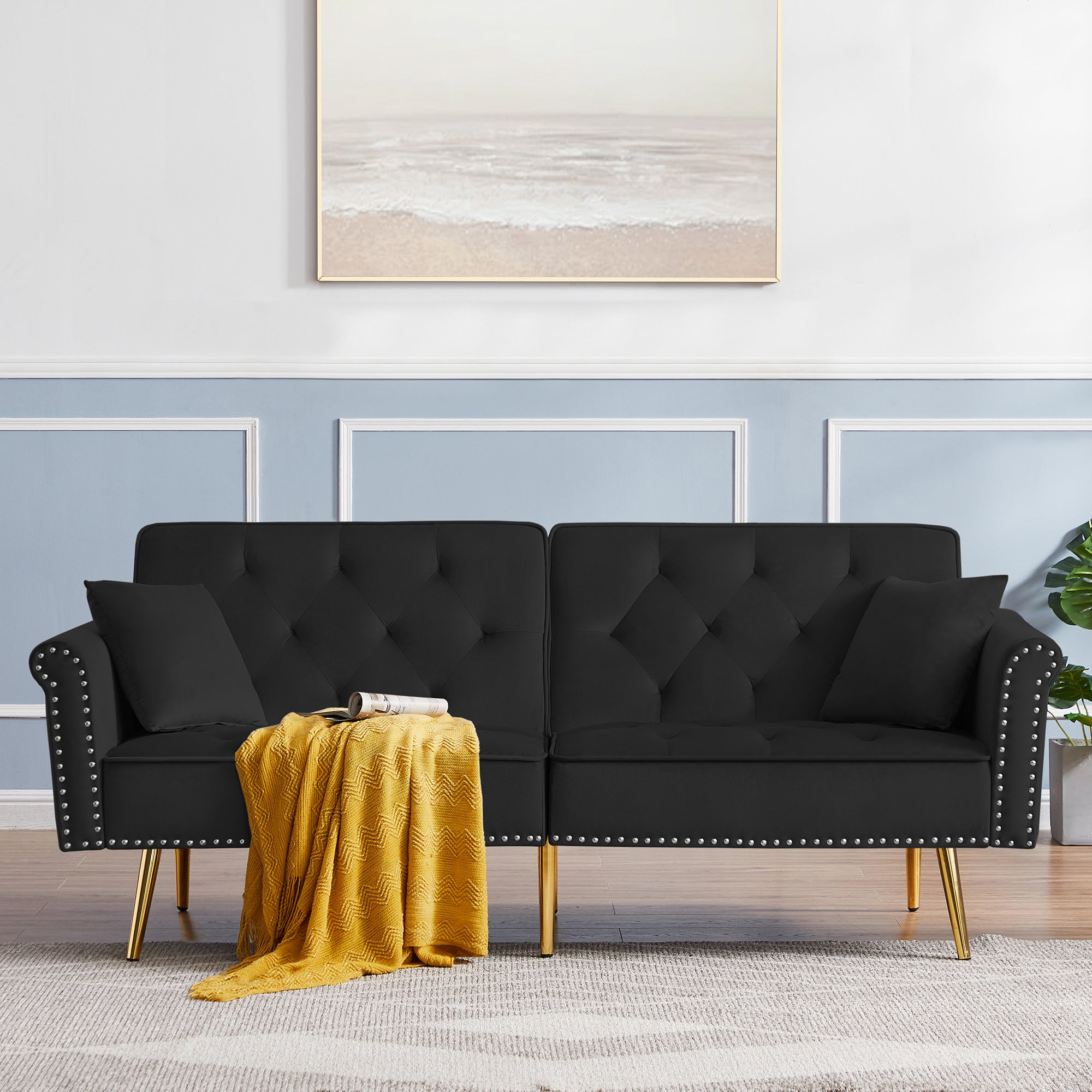 Modern Velvet Tufted Sofa Couch with 2 Pillows and black-velvet-wood-tufted back-foam-velvet-2 seat