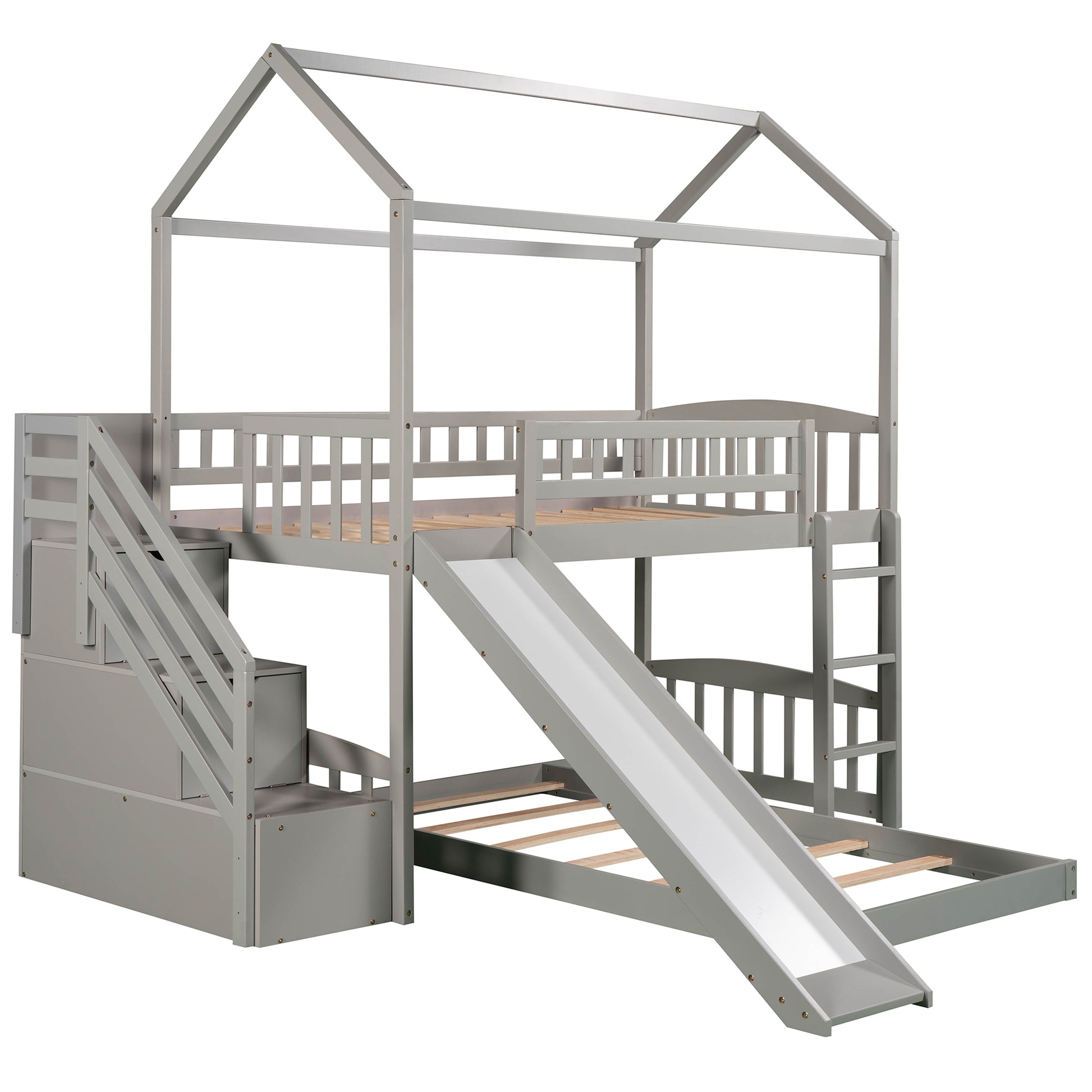 Twin Over Twin Bunk Bed With Two Drawers And Slide, House Bed With Slide, White Old Sku :Lp000129Aae Gray Pine