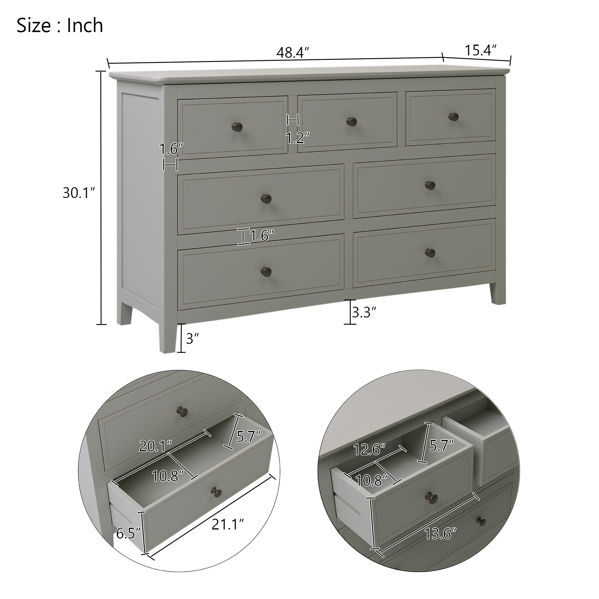 7 Drawers Solid Wood Dresser,Gray gray-solid wood
