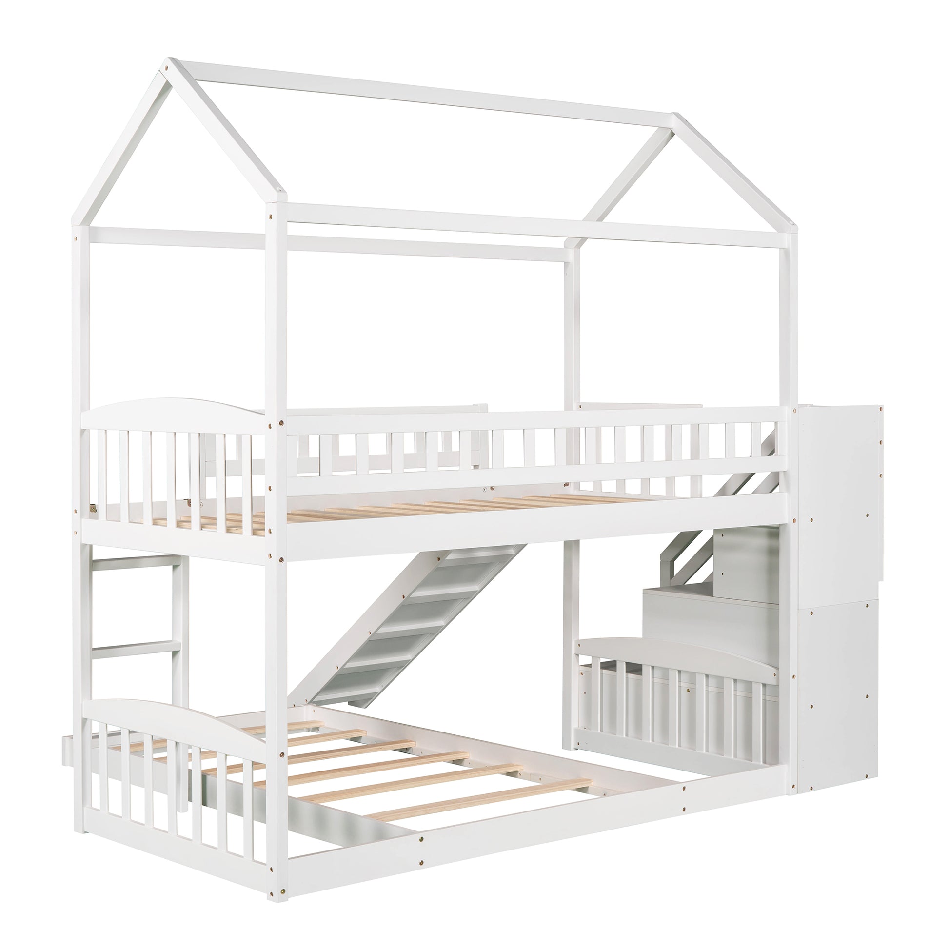 Twin Over Twin Bunk Bed With Two Drawers And Slide, House Bed With Slide, White Old Sku :Lp000129Aak White Pine