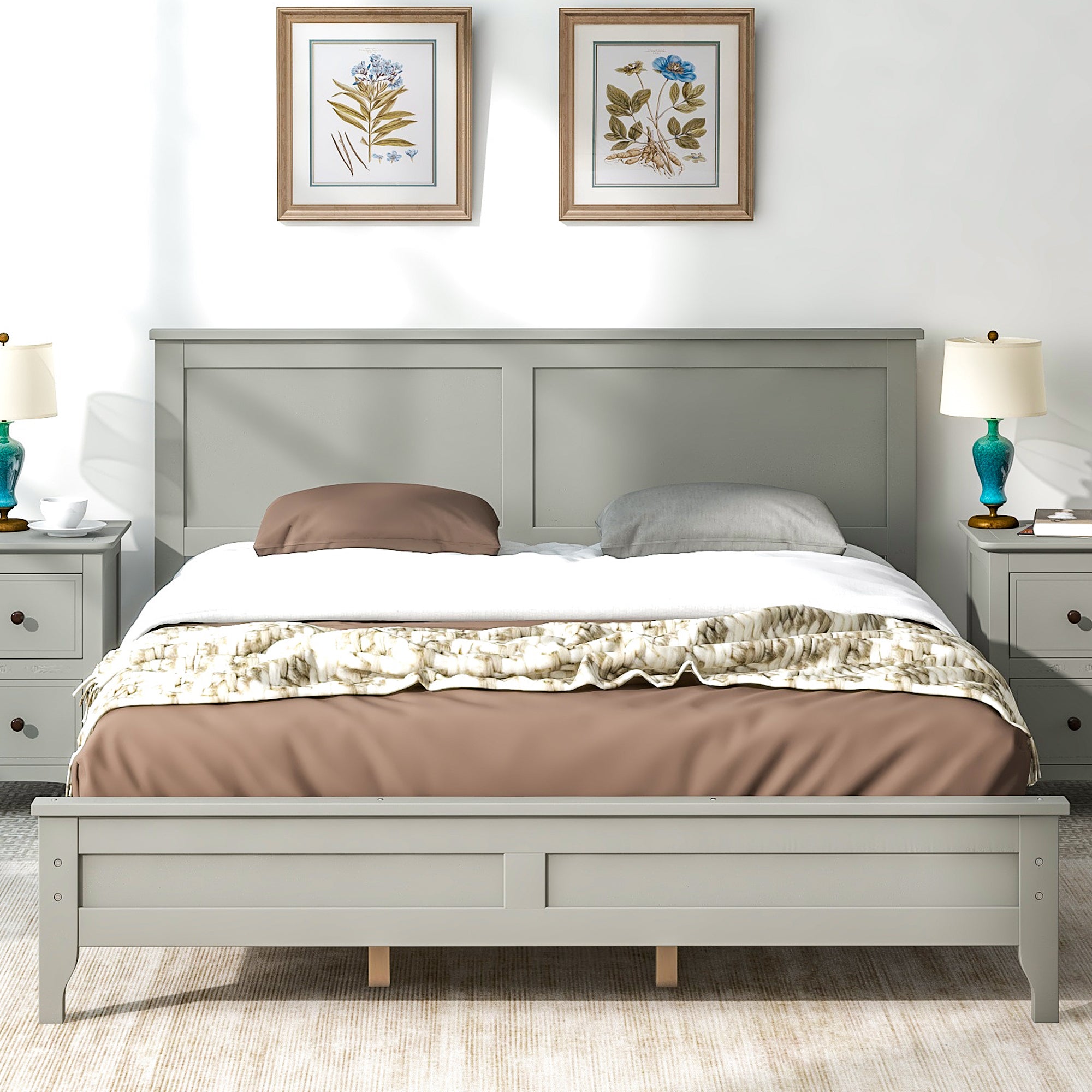 Modern Gray Solid Wood Queen Platform Bed gray-solid wood