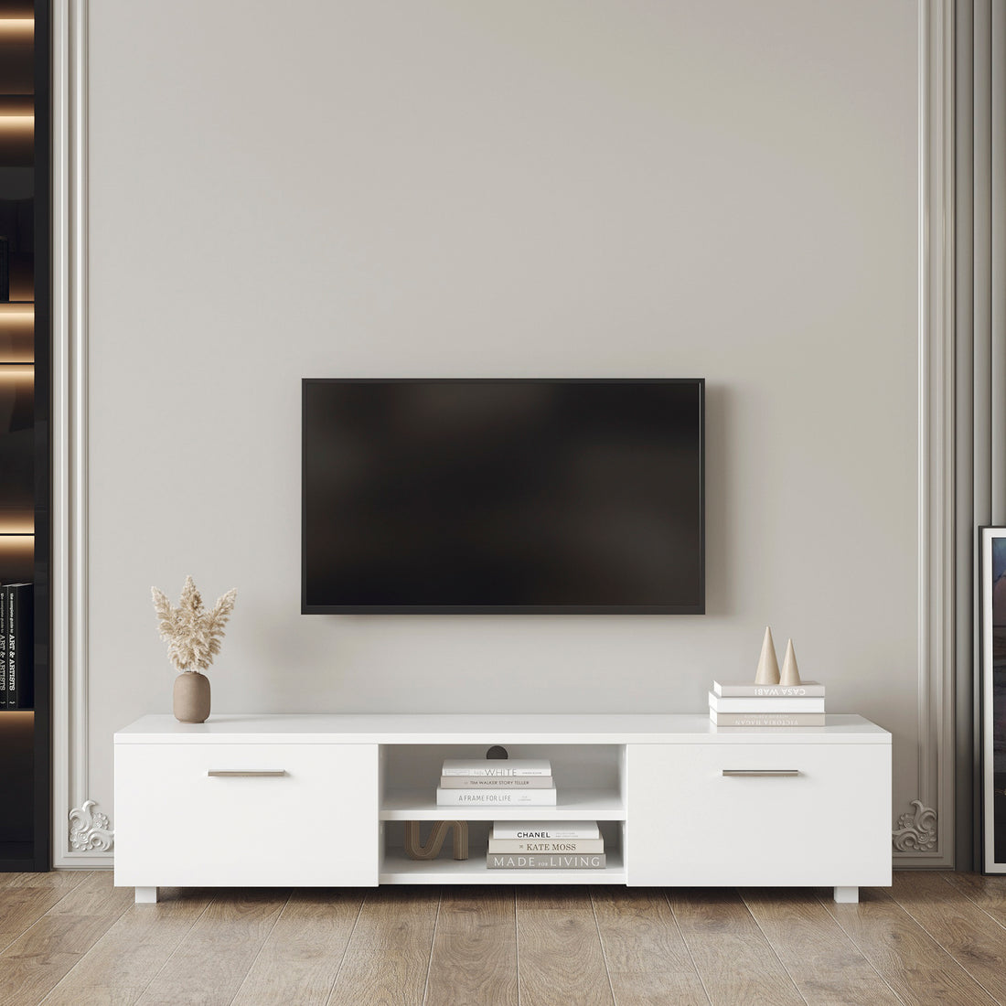 White Tv Stand For 70 Inch Tv Stands, Media Console Entertainment Center Television Table, 2 Storage Cabinet With Open Shelves For Living Room Bedroom White Mdf