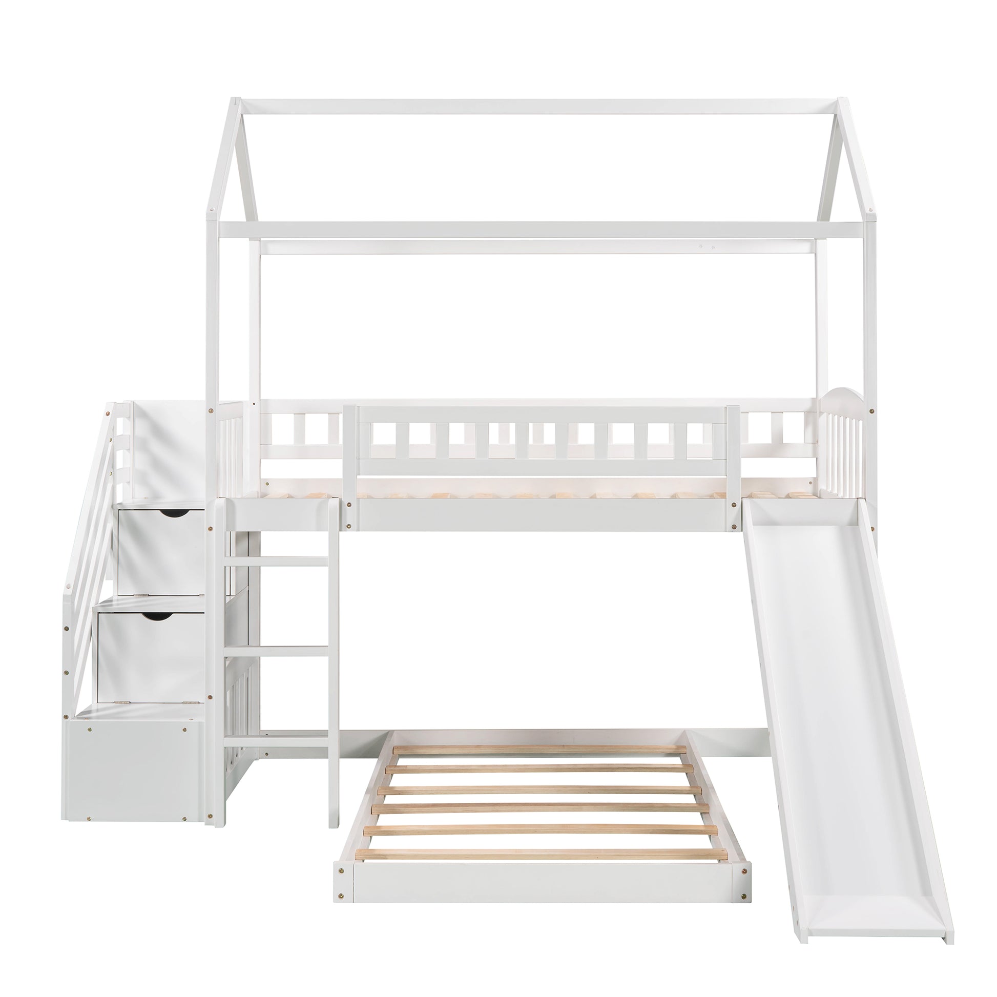Twin Over Twin Bunk Bed With Two Drawers And Slide, House Bed With Slide, White Old Sku :Lp000129Aak White Pine