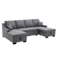 Upholstery Sleeper Sectional Sofa With Double Storage Spaces, 2 Tossing Cushions, Grey Grey Linen