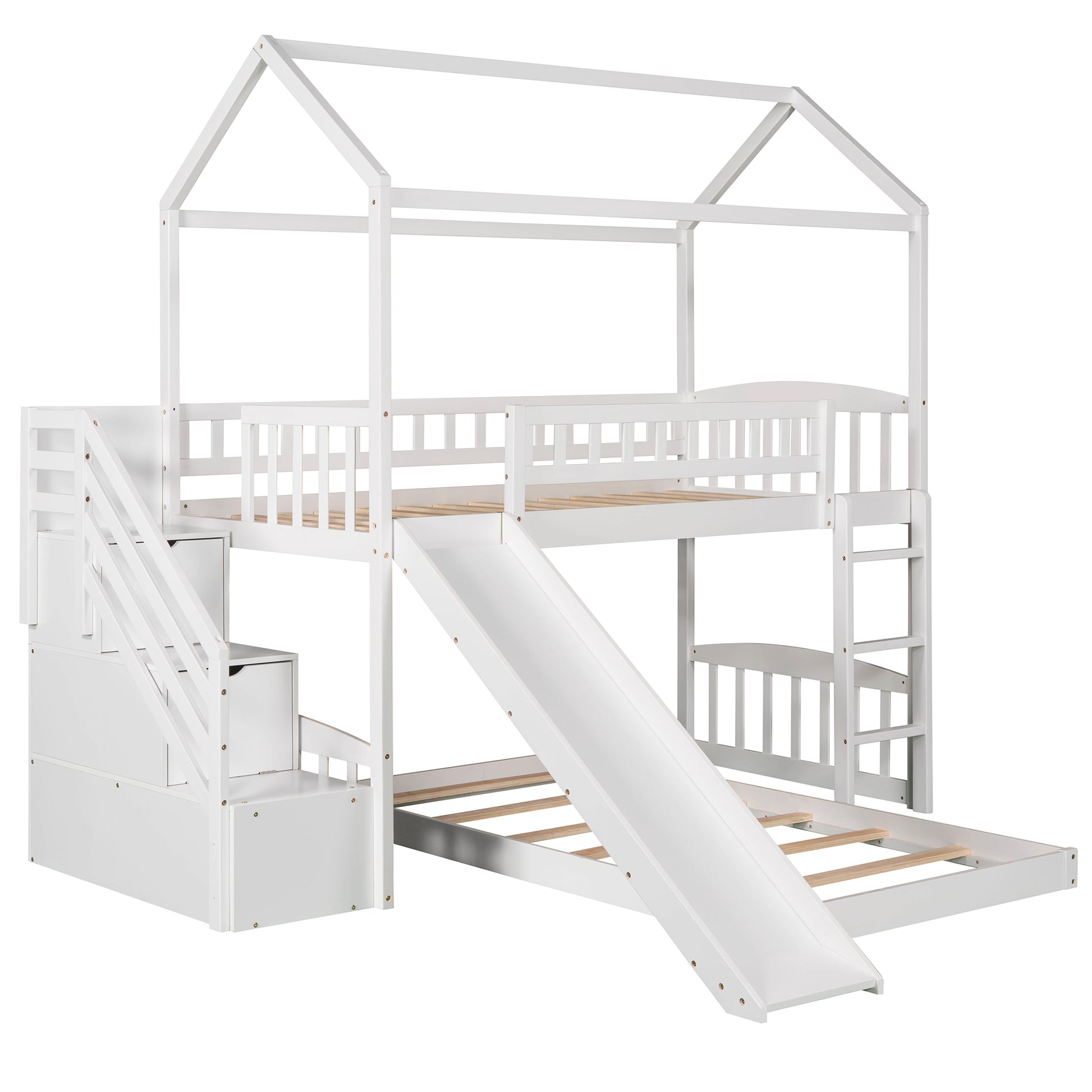 Twin Over Twin Bunk Bed With Two Drawers And Slide, House Bed With Slide, White Old Sku :Lp000129Aak White Pine