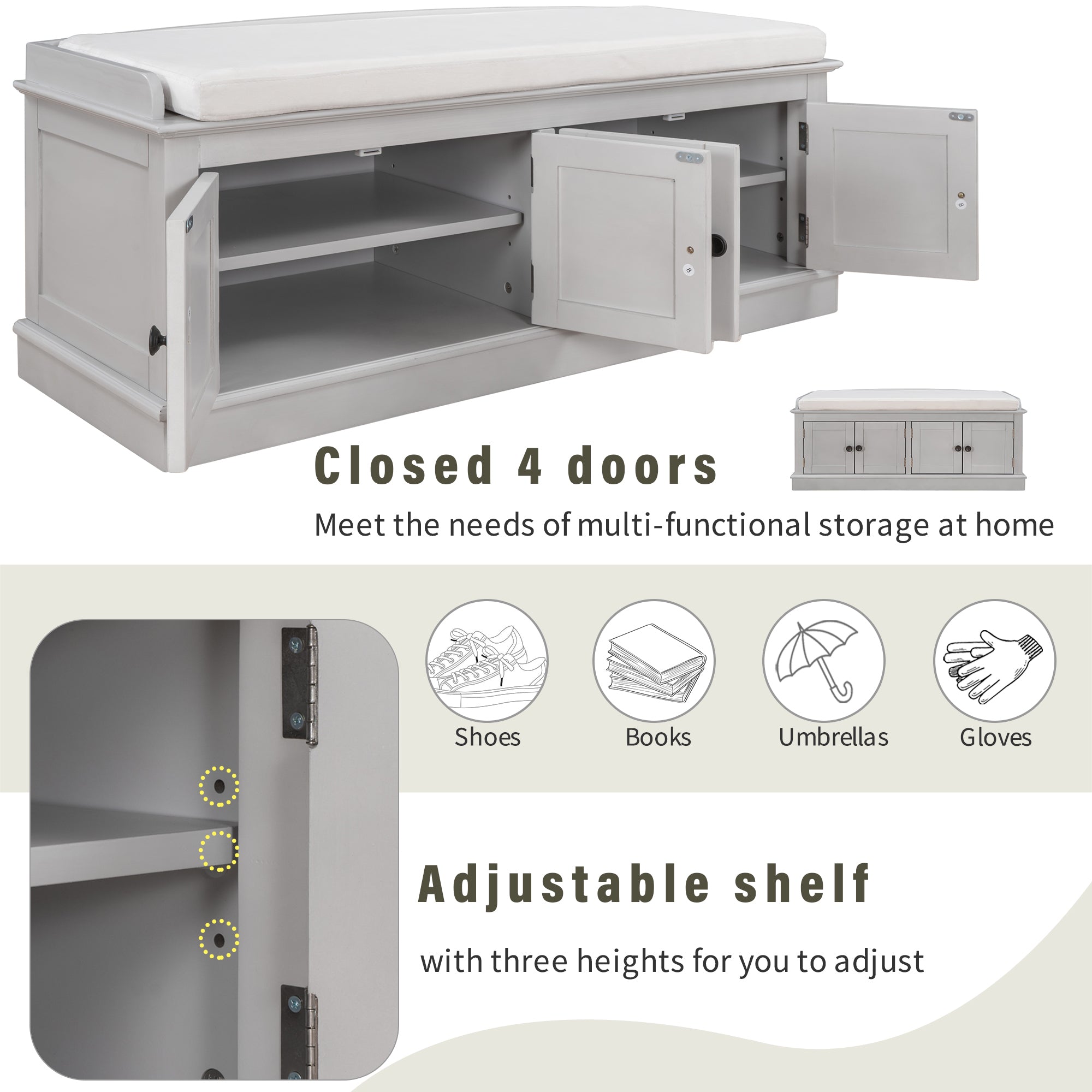 Storage Bench with 4 Doors and Adjustable gray wash-solid wood