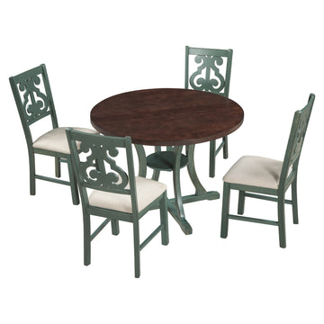 5 Piece Round Dining Table And 4 Fabric Chairs With Special Shaped Table Legs And Storage Shelf Antique Blue Dark Brown Dark Brown,Viridian Mdf