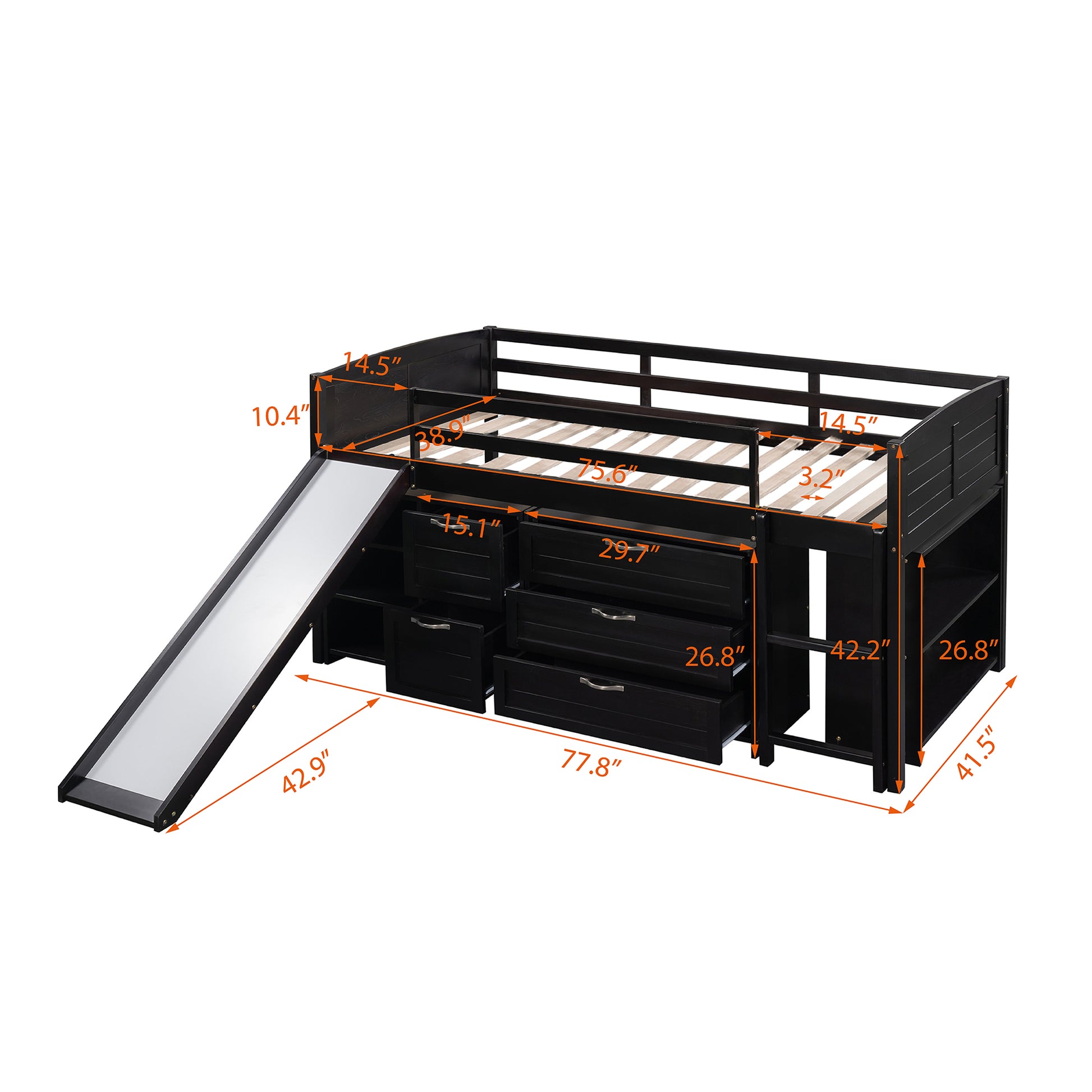 Low Twin Size Loft Bed With Cabinets, Shelves And Slide Espresso Old Sku :Lp000503Aap Espresso Solid Wood