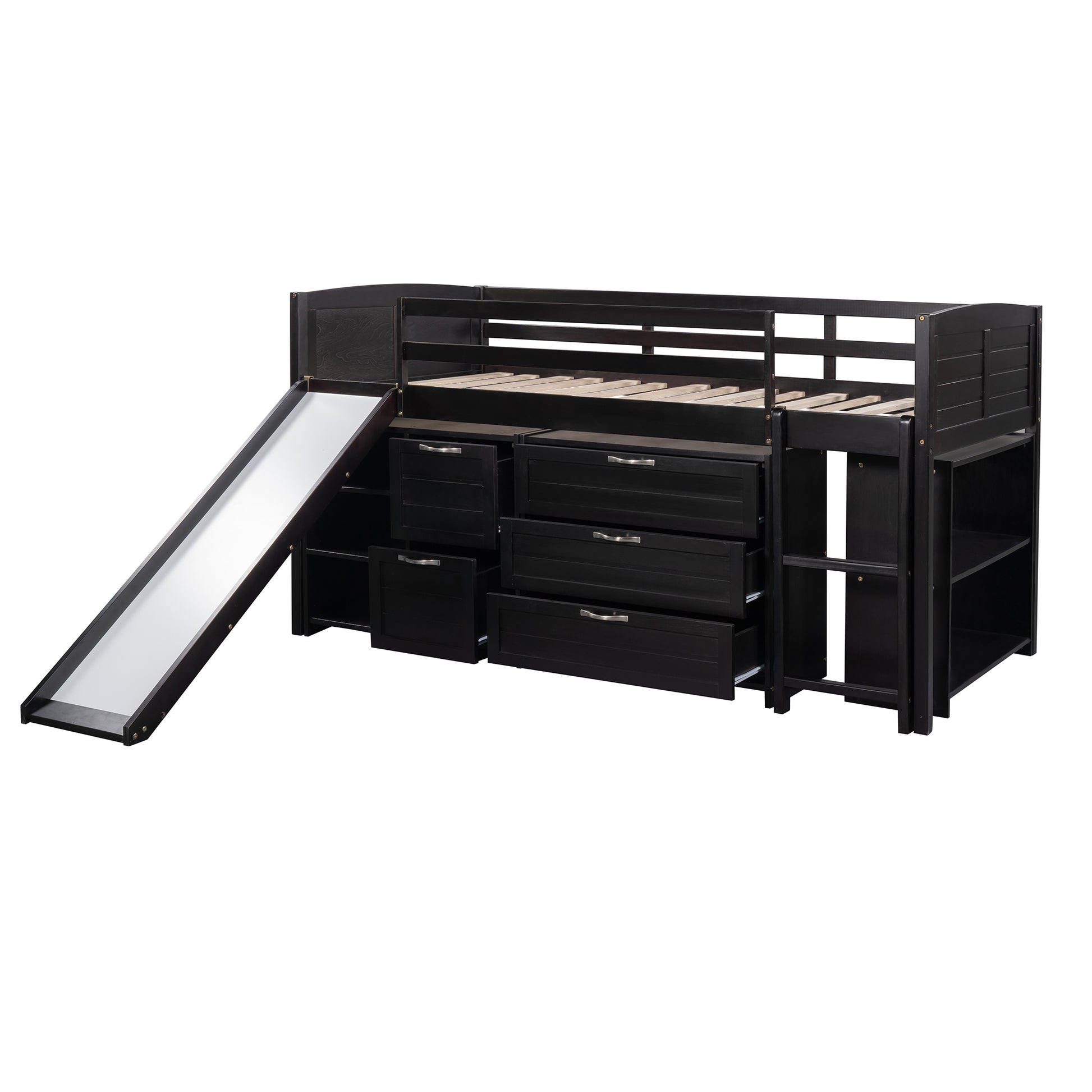 Low Twin Size Loft Bed With Cabinets, Shelves And Slide Espresso Old Sku :Lp000503Aap Espresso Solid Wood