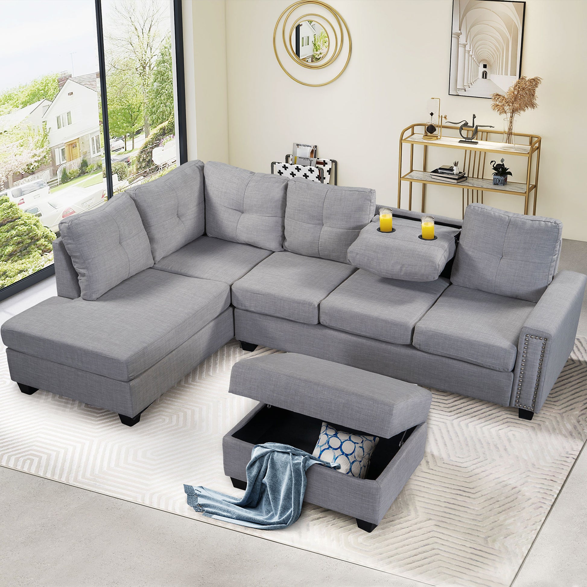 Orisfur. Reversible Sectional Sofa Space Saving With Storage Ottoman Rivet Ornament L Shape Couch For Large Space Dorm Apartment Light Grey Foam Linen 5 Seat