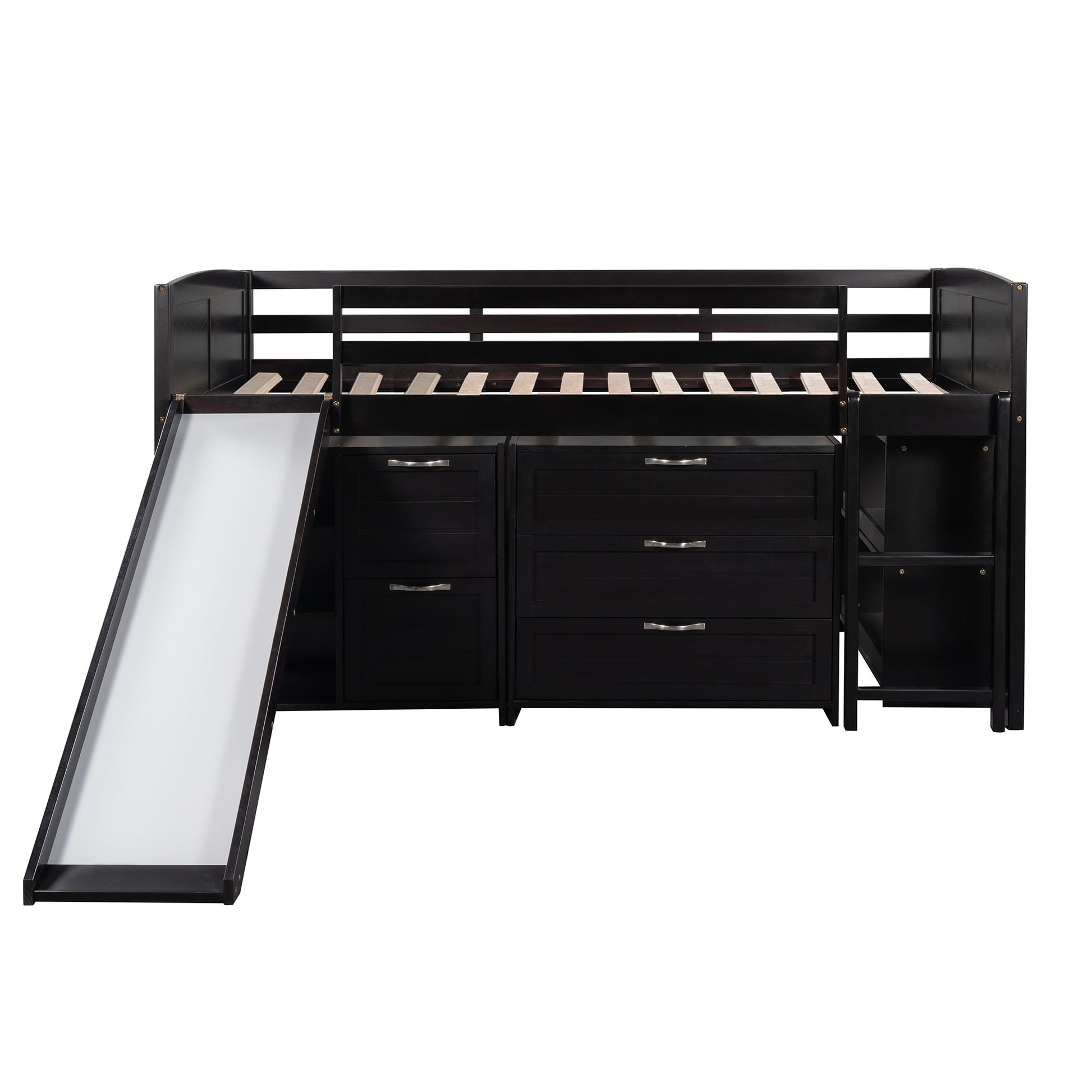 Low Twin Size Loft Bed With Cabinets, Shelves And Slide Espresso Old Sku :Lp000503Aap Espresso Solid Wood