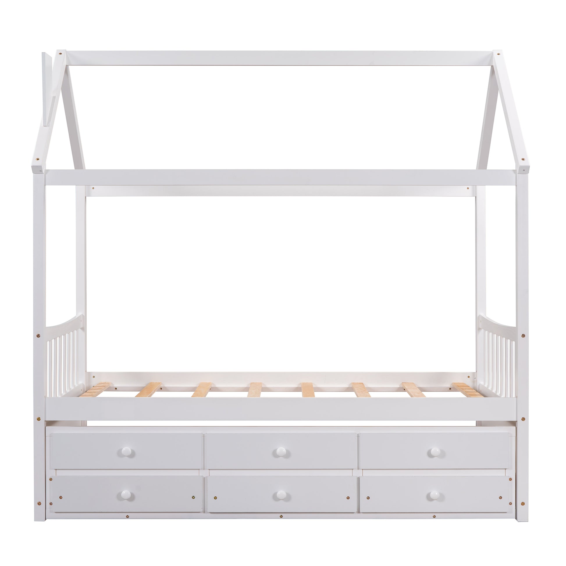 Twin Size Wooden House Bed With Trundle And 3 Storage Drawers White White Solid Wood