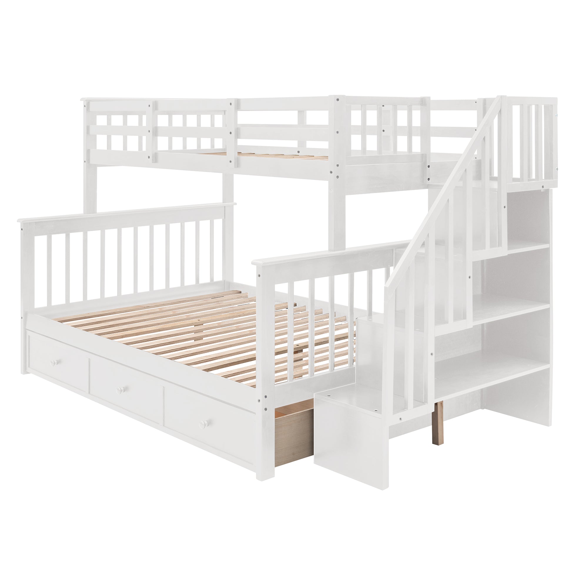 Stairway Twin Over Full Bunk Bed With Drawer, Storage And Guard Rail For Bedroom, Dorm, For Adults, White Color Old Sku :Lp000219Aak White Solid Wood