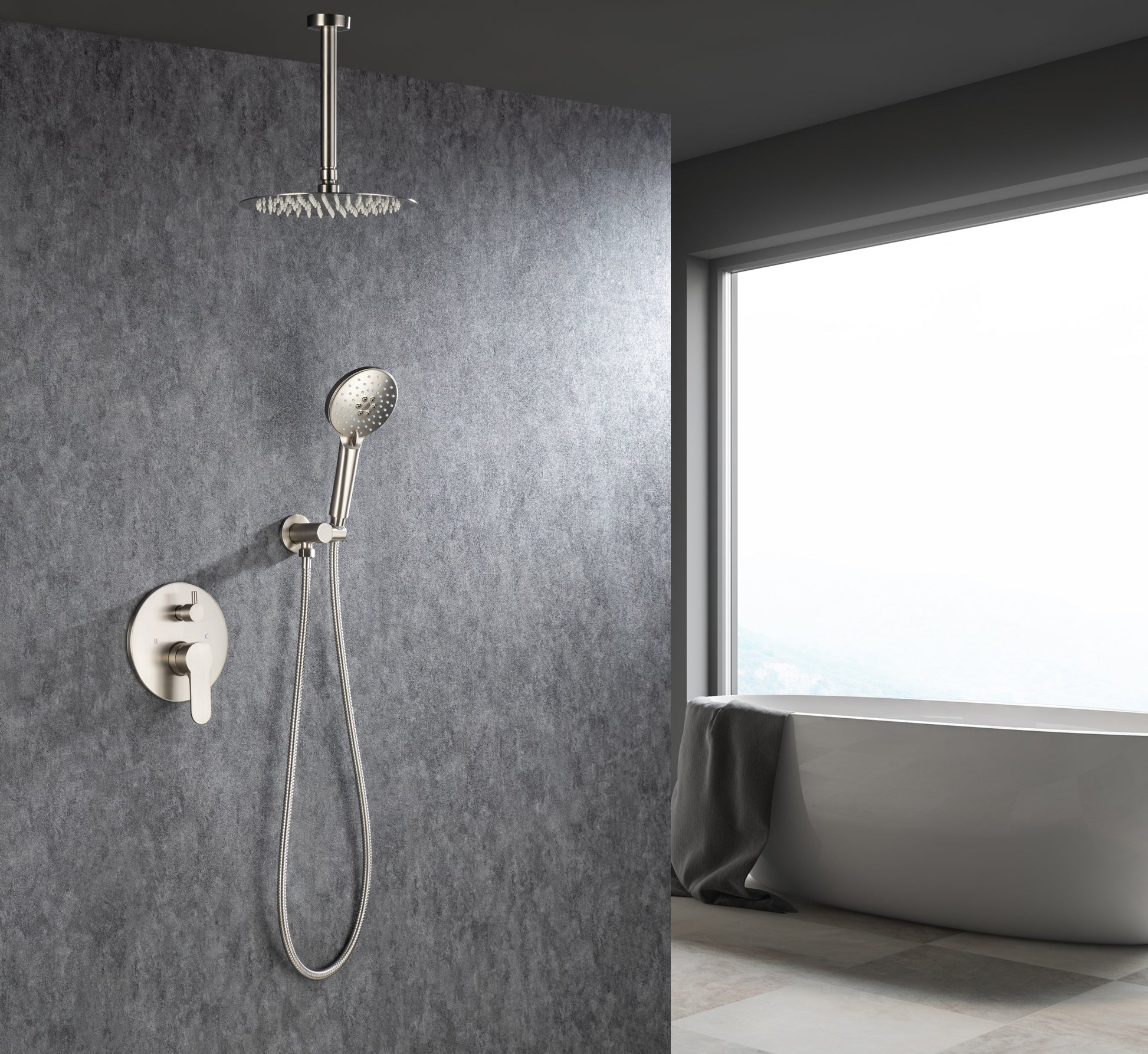 Black Shower System, Ceiling Rainfall Shower Faucet brushed nickel-brass