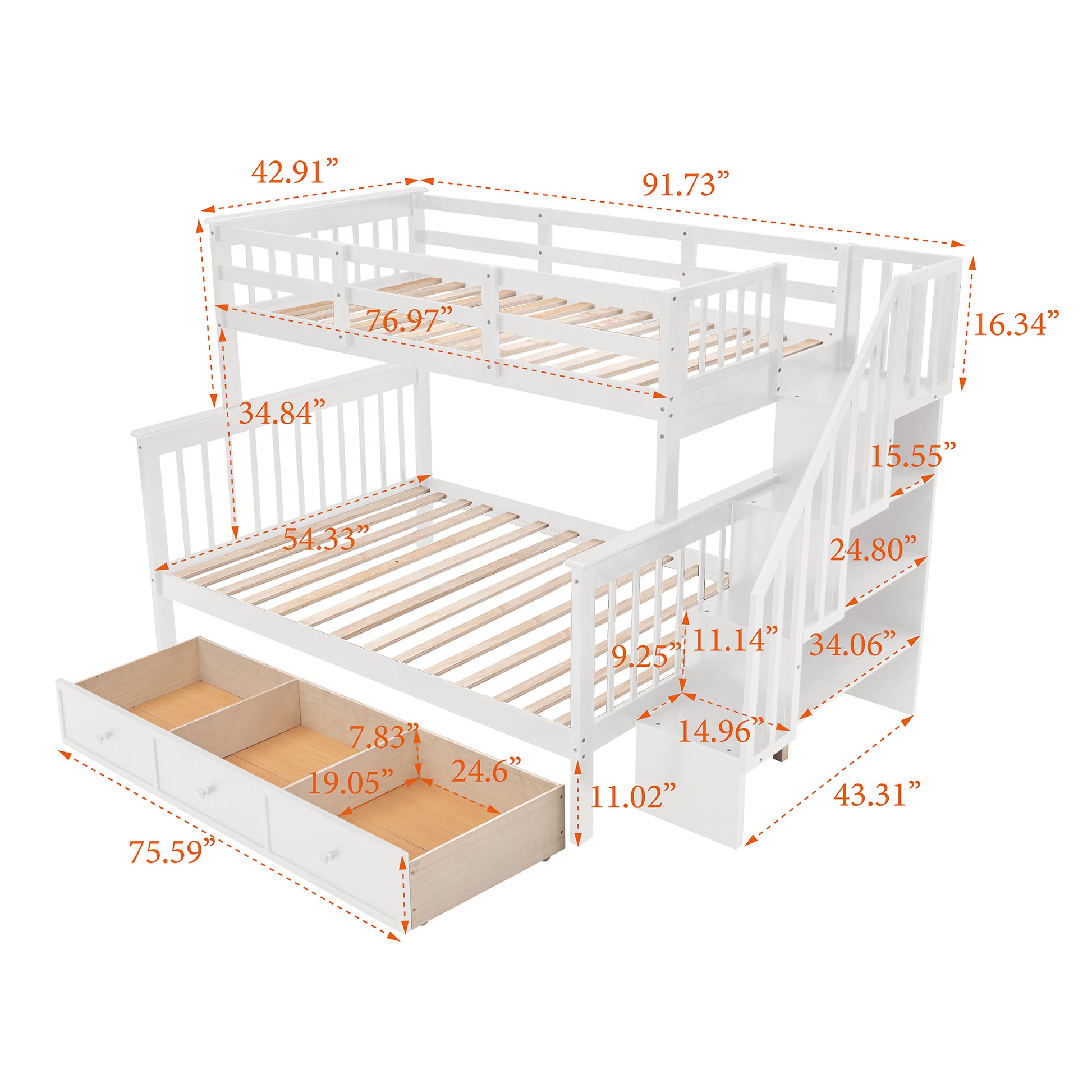 Stairway Twin Over Full Bunk Bed With Drawer, Storage And Guard Rail For Bedroom, Dorm, For Adults, White Color Old Sku :Lp000219Aak White Solid Wood