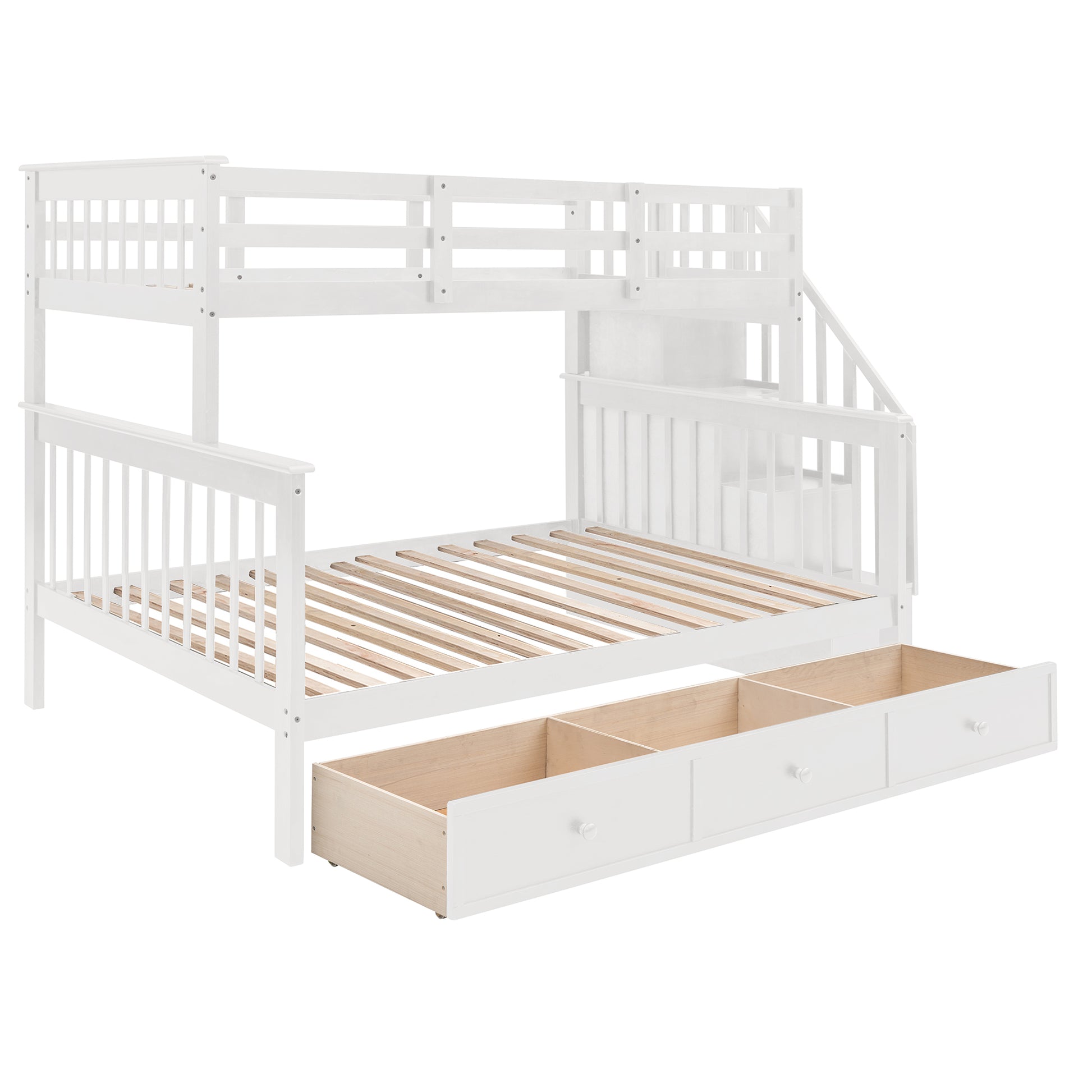 Stairway Twin Over Full Bunk Bed With Drawer, Storage And Guard Rail For Bedroom, Dorm, For Adults, White Color Old Sku :Lp000219Aak White Solid Wood