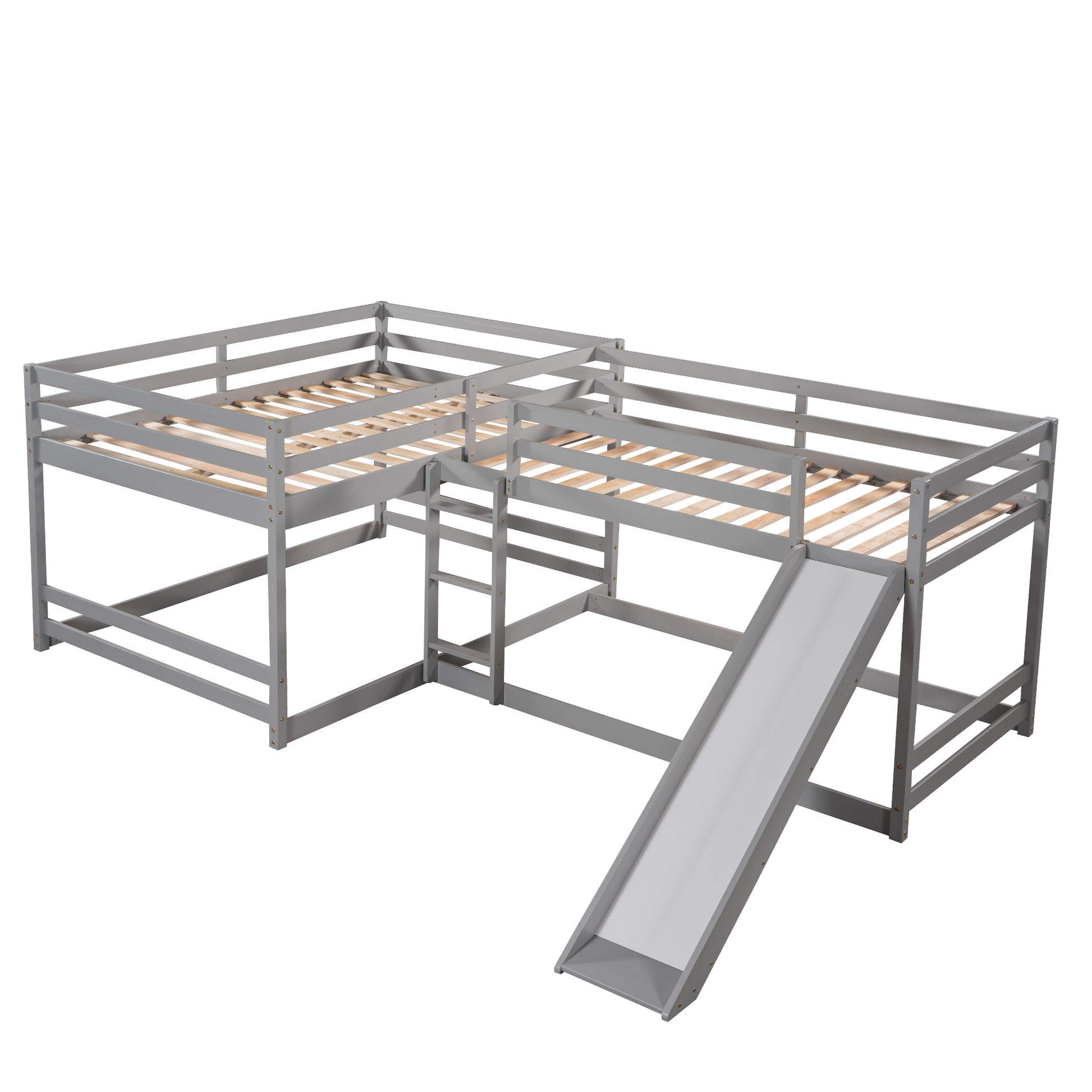 Full And Twin Size L Shaped Bunk Bed With Slide And Short Ladder,Gray Twin Gray Pine