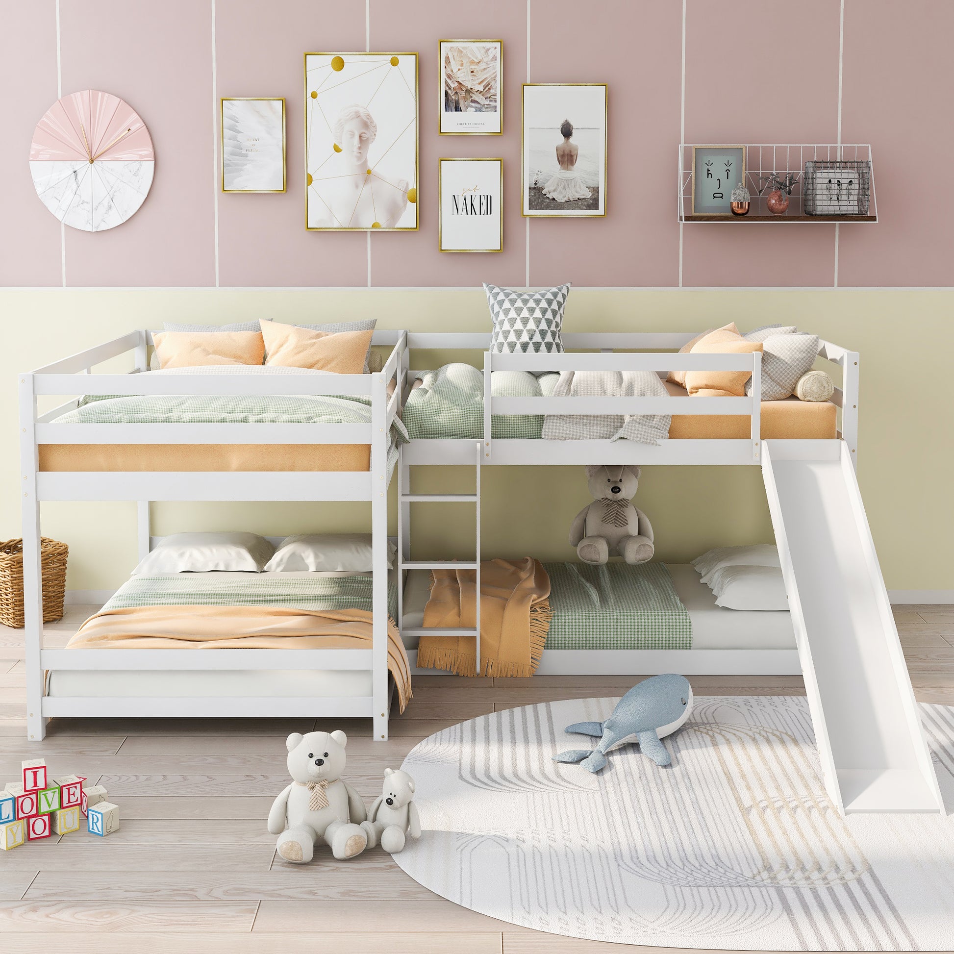 Full And Twin Size L Shaped Bunk Bed With Slide And Short Ladder,White Twin White Pine