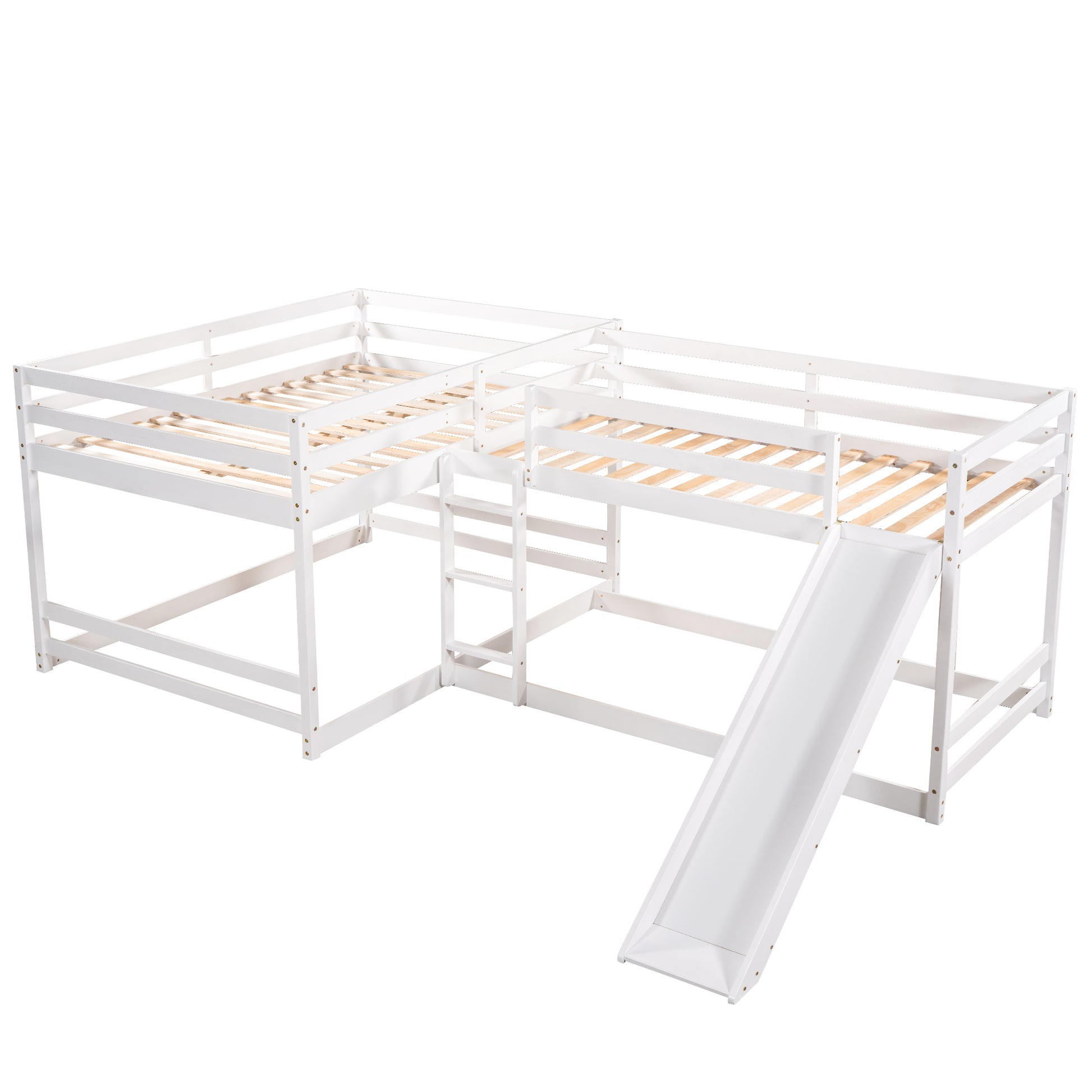 Full And Twin Size L Shaped Bunk Bed With Slide And Short Ladder,White Twin White Pine