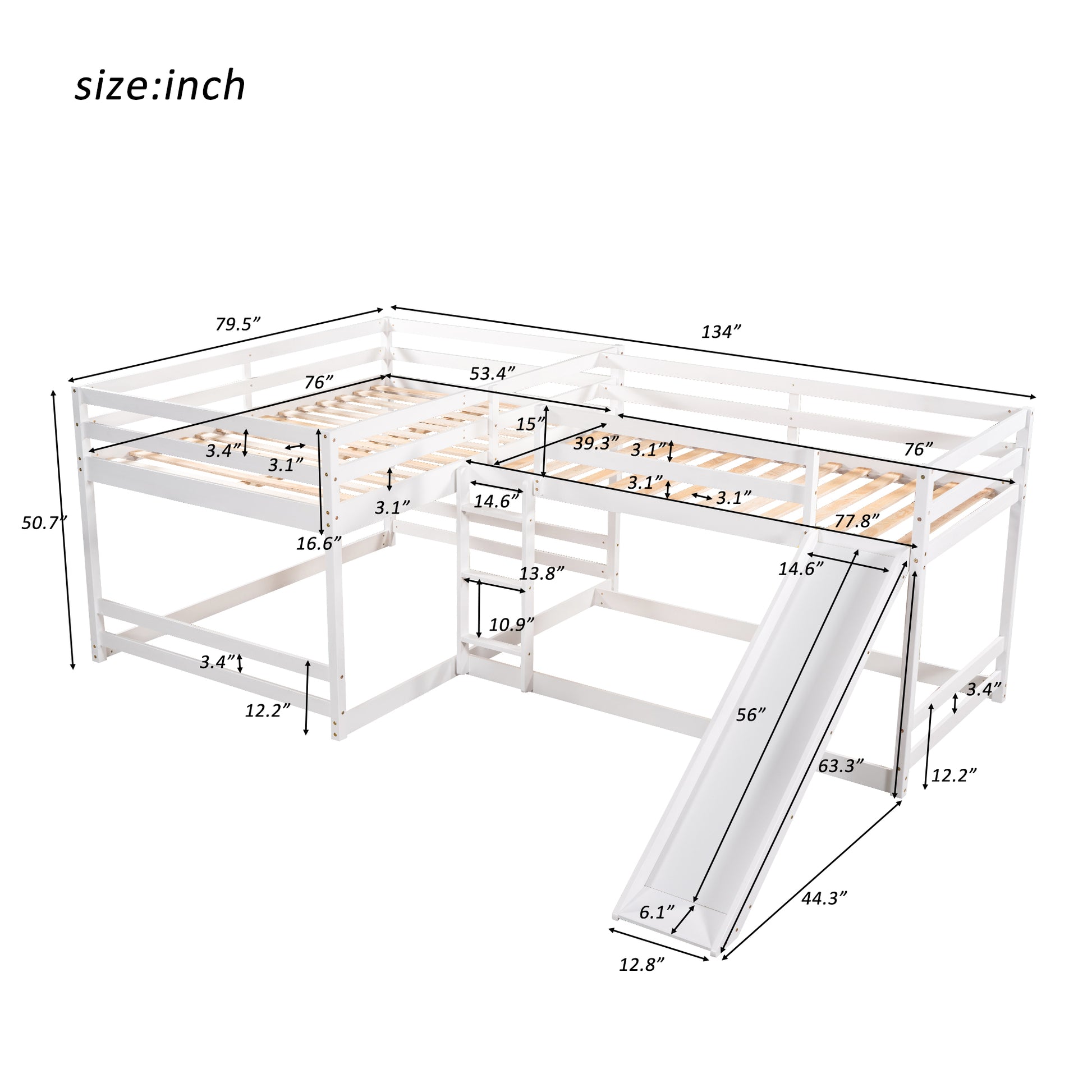 Full And Twin Size L Shaped Bunk Bed With Slide And Short Ladder,White Twin White Pine