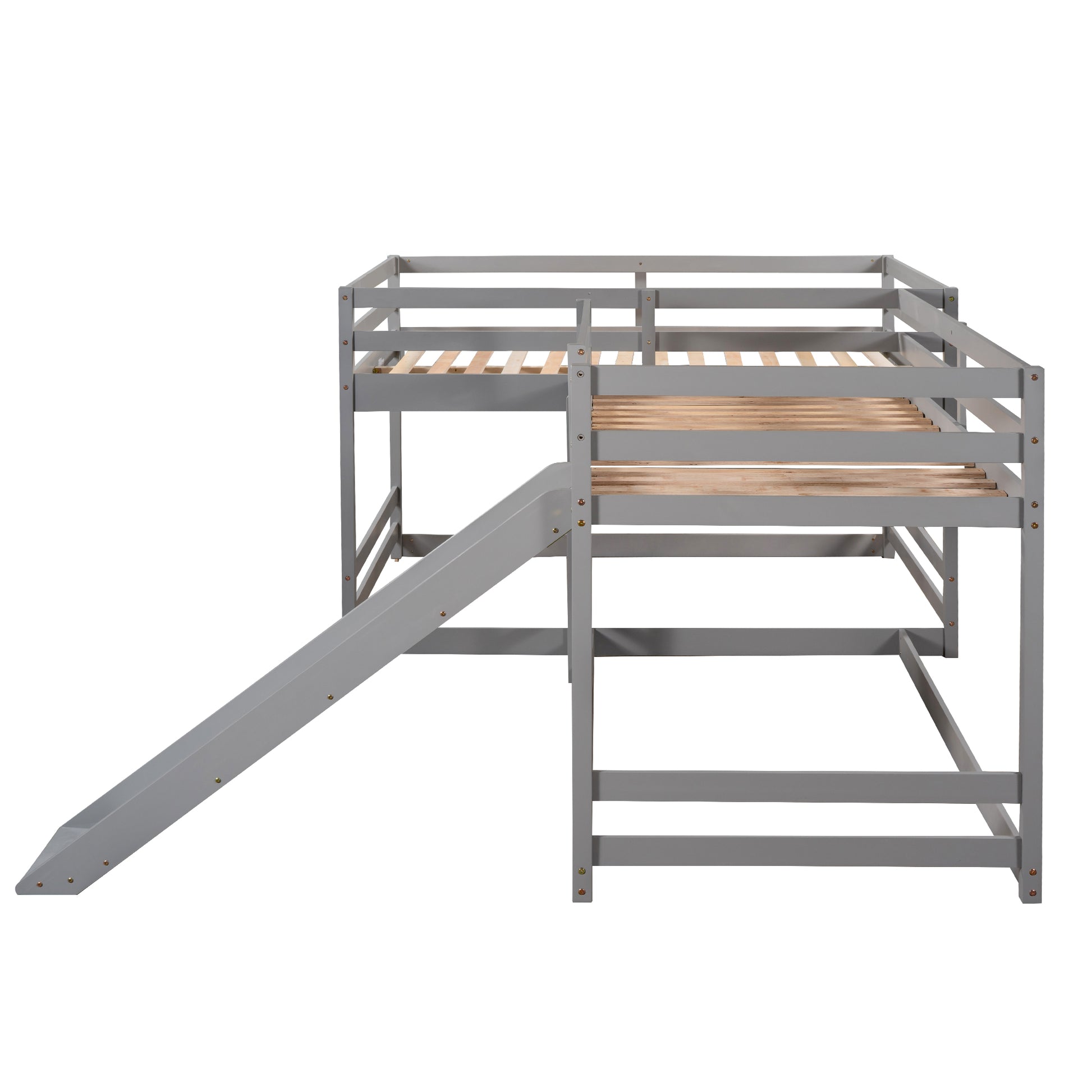 Full And Twin Size L Shaped Bunk Bed With Slide And Short Ladder,Gray Twin Gray Pine