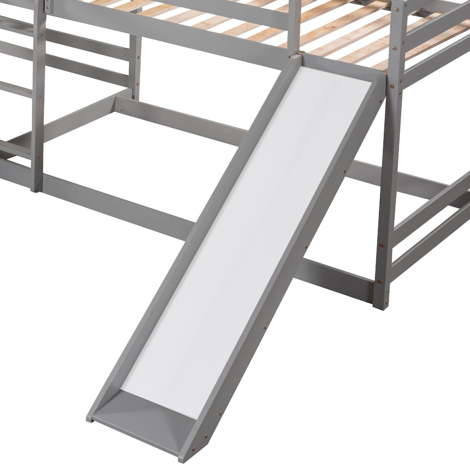 Full And Twin Size L Shaped Bunk Bed With Slide And Short Ladder,Gray Twin Gray Pine