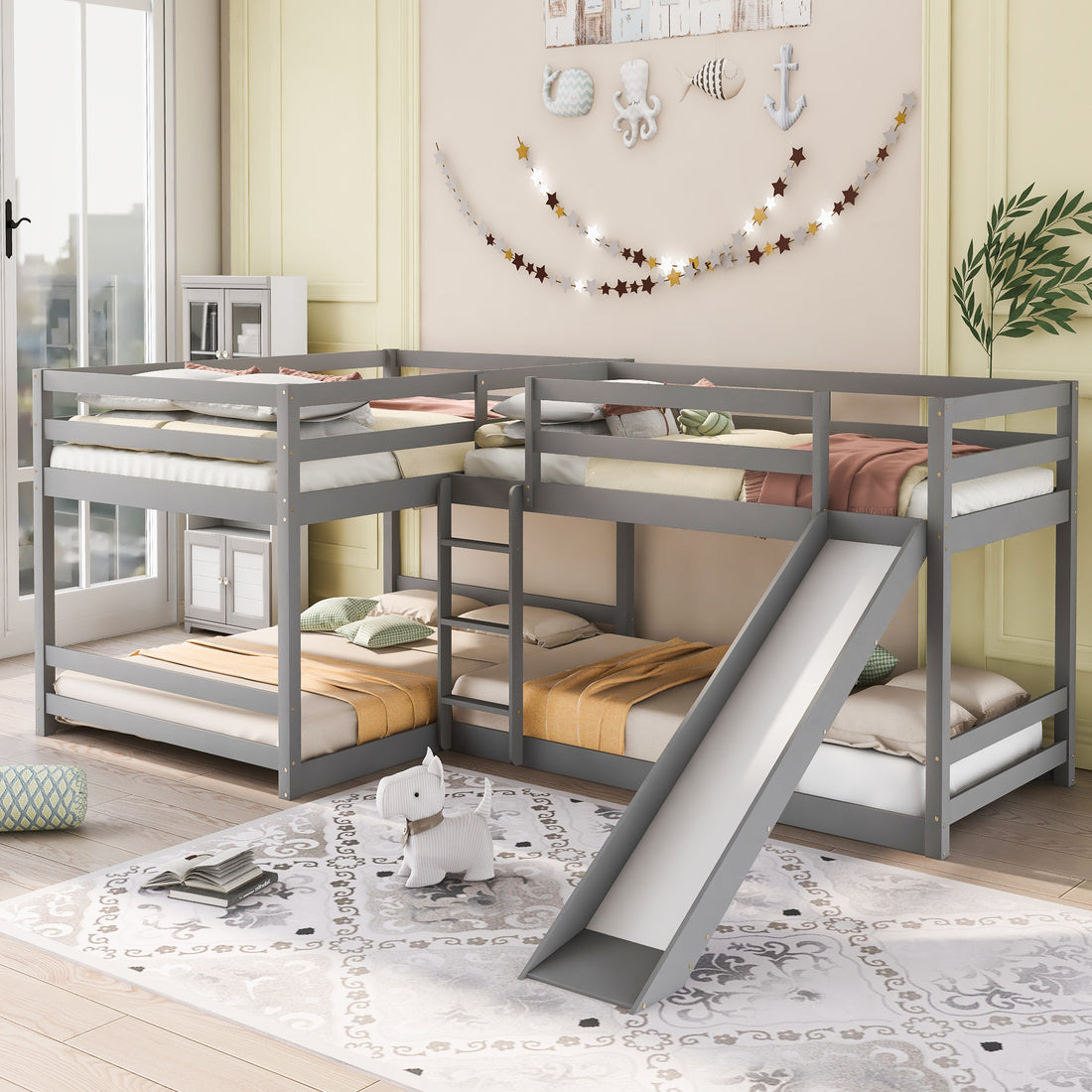 Full And Twin Size L Shaped Bunk Bed With Slide And Short Ladder,Gray Twin Gray Pine