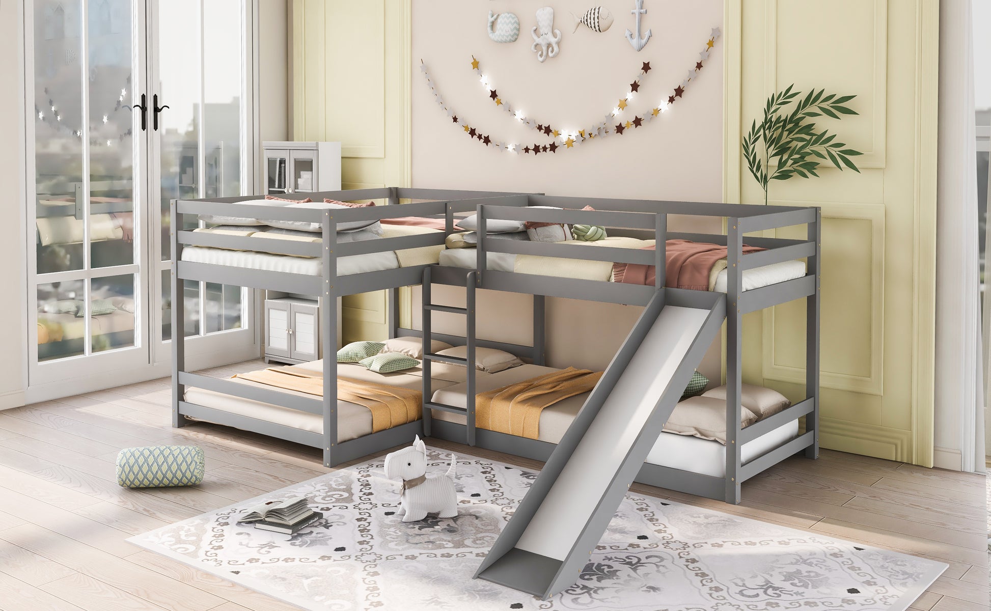 Full And Twin Size L Shaped Bunk Bed With Slide And Short Ladder,Gray Twin Gray Pine