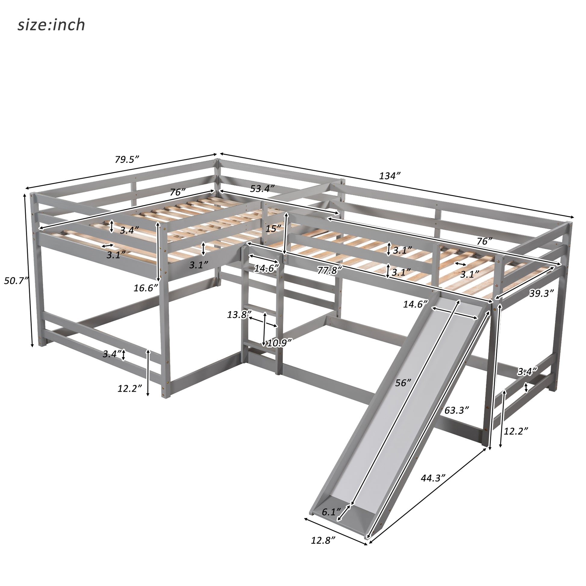 Full And Twin Size L Shaped Bunk Bed With Slide And Short Ladder,Gray Twin Gray Pine
