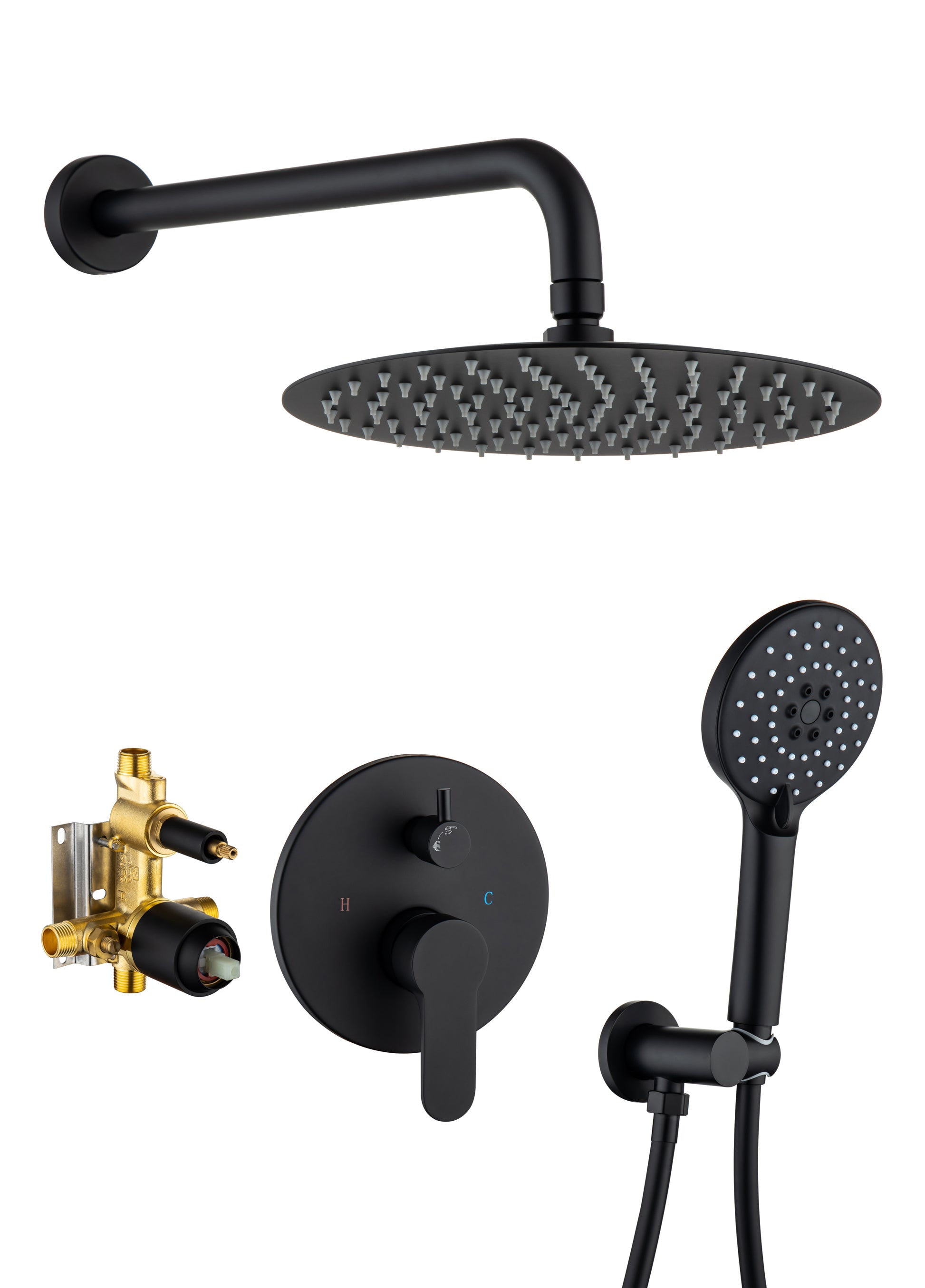 Shower Faucet Set, Wall Mount Round hower System Mixer black-brass