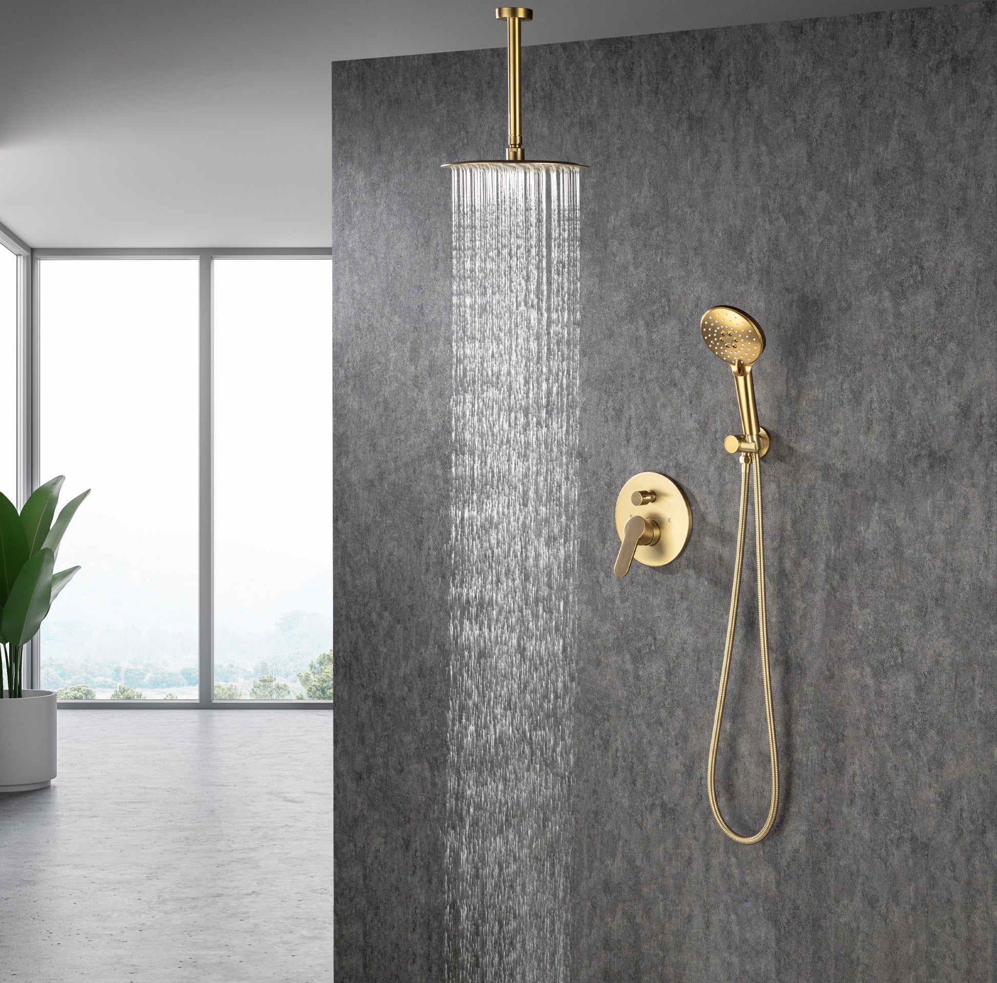 Black Shower System, Ceiling Rainfall Shower Faucet golden-brass