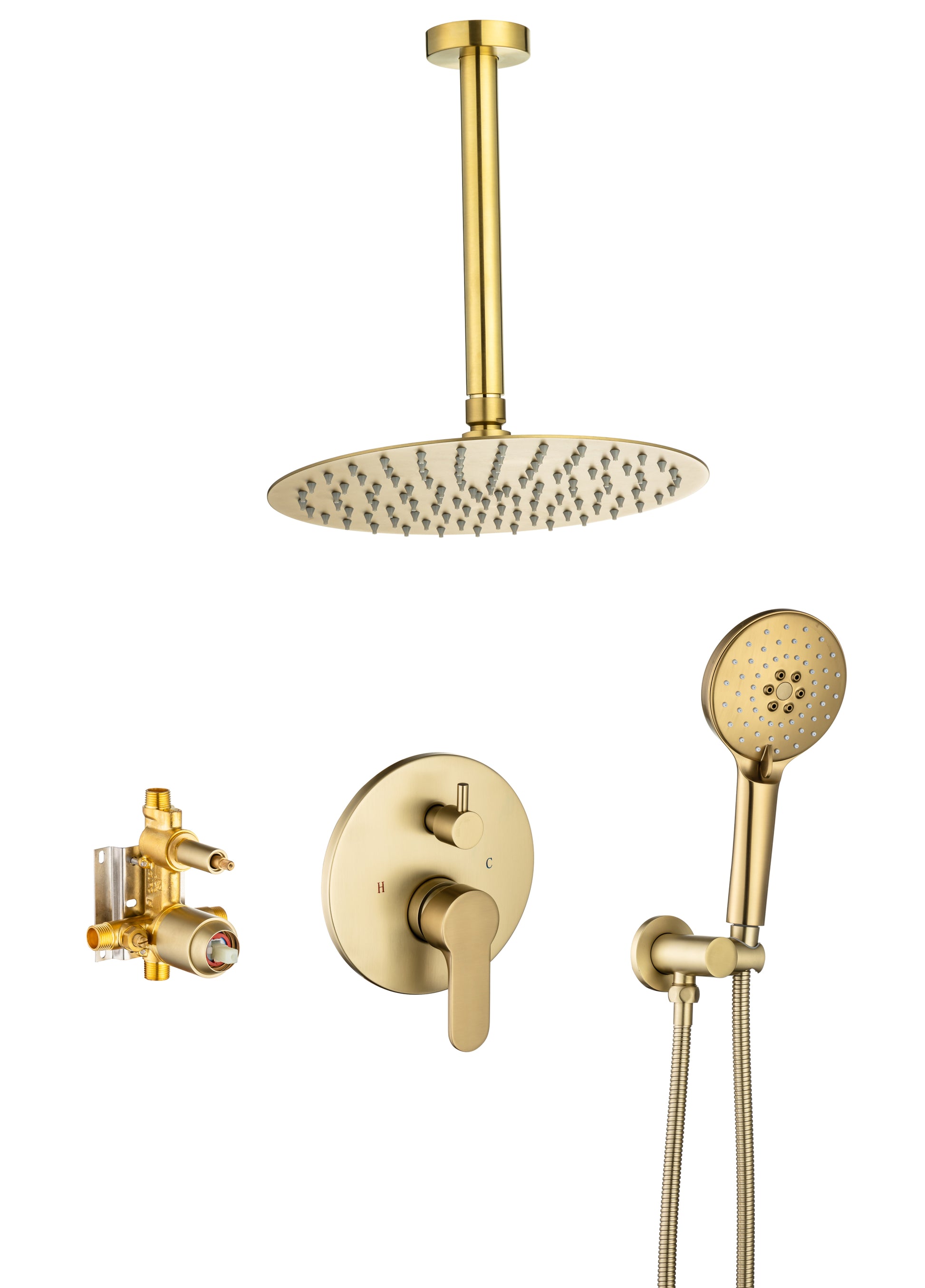 Black Shower System, Ceiling Rainfall Shower Faucet golden-brass