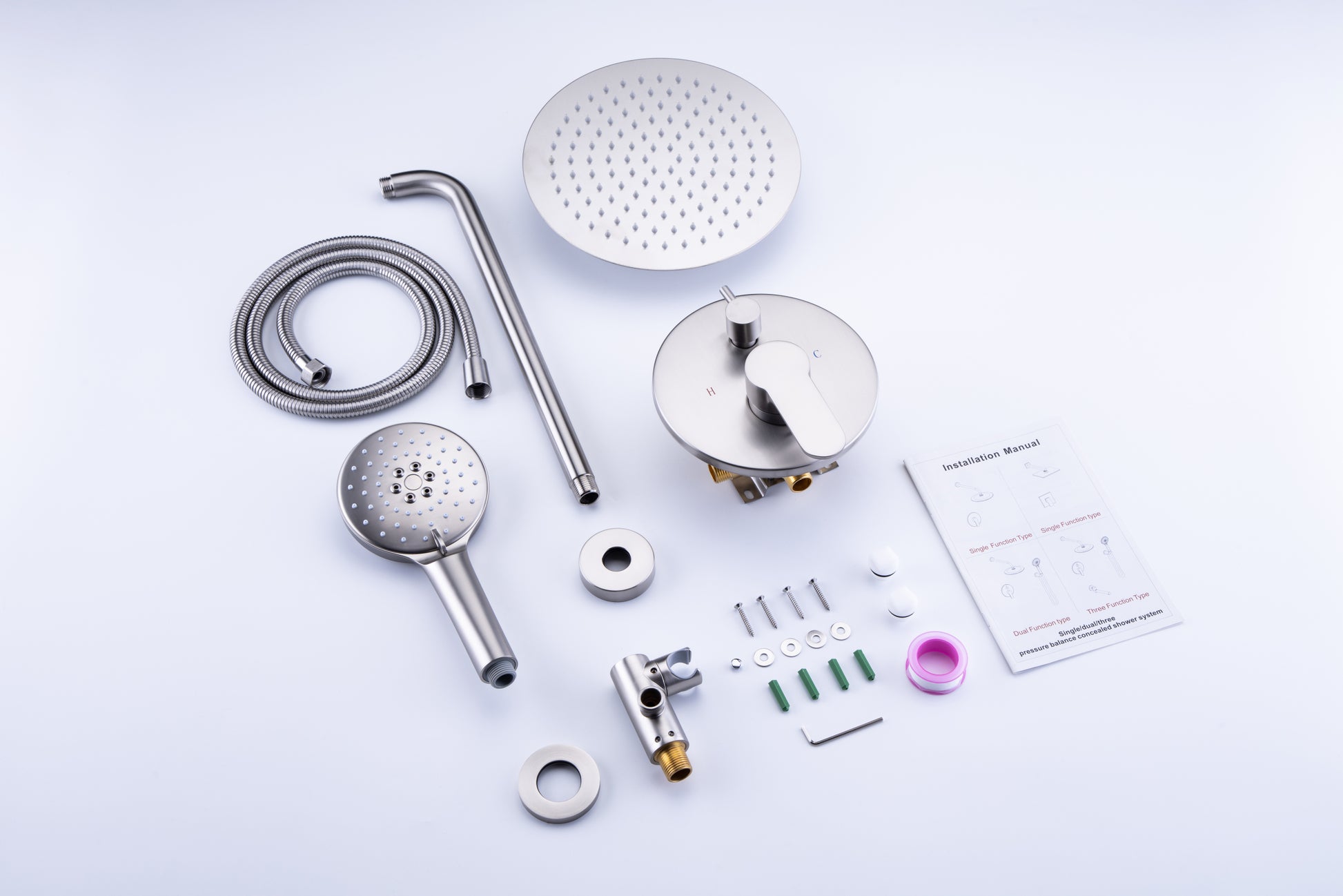 Shower Faucet Set, Wall Mount Round hower System Mixer brushed nickel-brass