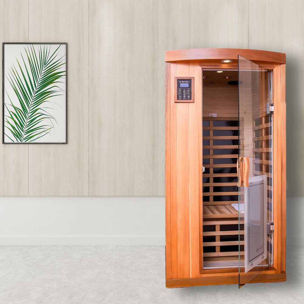 One Person Far Infrared Red Cedar Deluxe Indoor Sauna Room Red Solid Wood