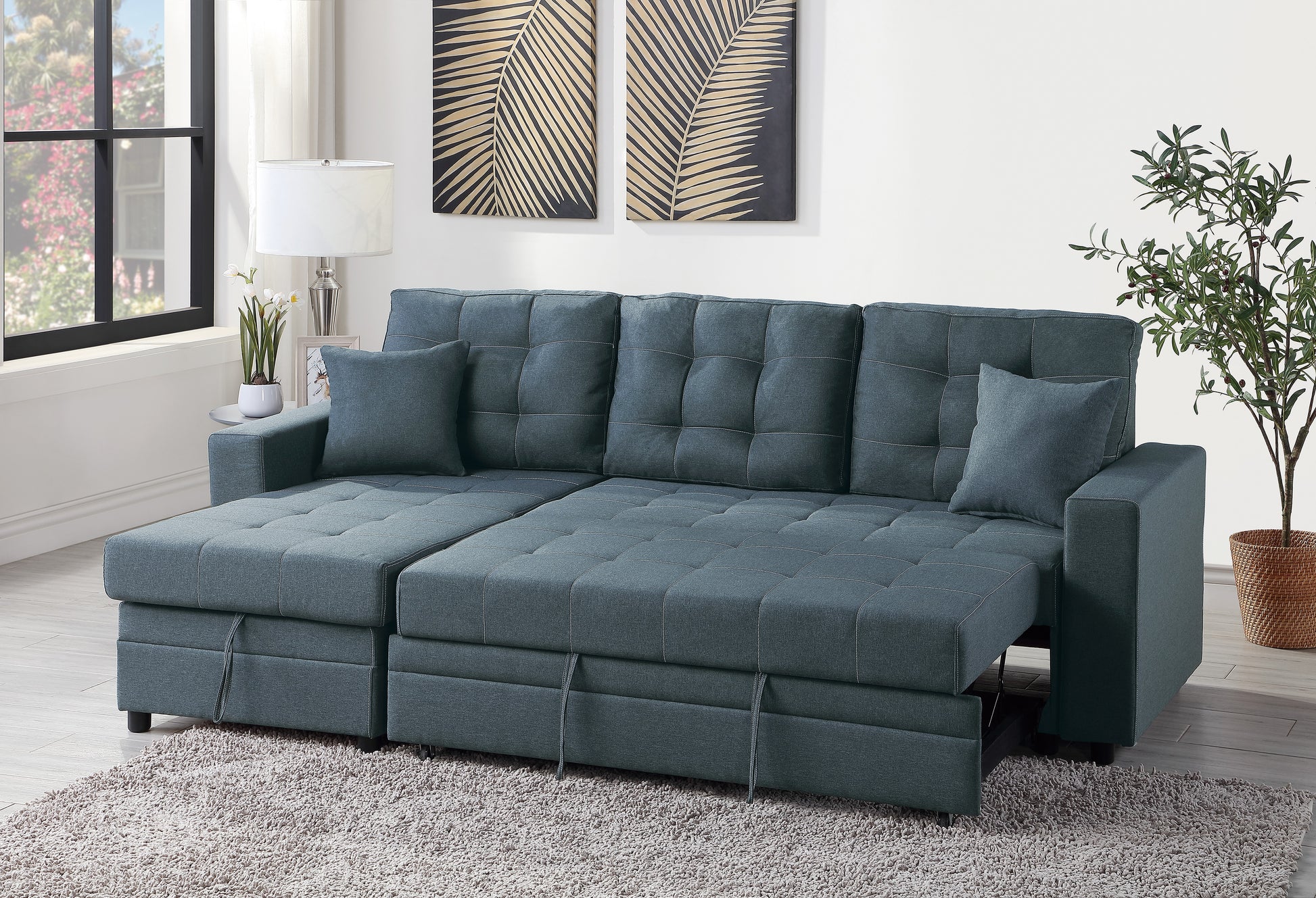 Blue Grey Convertible Sectional Pull Out Bed Sofa Chaise Reversible Storage Chaise Polyfiber Tufted Couch Lounge Blue Gray Primary Living Space Tufted Back Contemporary,Modern,Transitional L Shaped Pine Square Arms Plywood 3 Seat